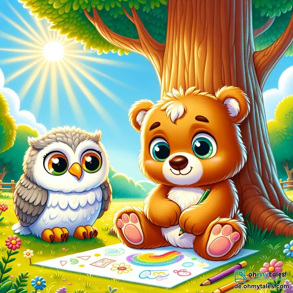 Ein kleiner brauner Bär namens Bruno, mit weichem Fell und glänzenden Augen, sitzt nachdenklich und ein wenig traurig unter einer großen Eiche, seine hängenden Ohren verraten seine Emotionen. Neben ihm beobachtet eine weise Eule mit weißen und grauen Federn und runden Brillen auf der Nase ihn wohlwollend und zeigt einen tröstlichen, freundlichen Ausdruck. Der Ort ist eine sonnige Lichtung, umgeben von majestätischen Bäumen mit leuchtend grünen Blättern, gesprenkelt mit bunten Blumen, die im Wind tanzen. In der Ferne dringen Sonnenstrahlen durch die Äste und erzeugen sanfte Schatten auf dem Boden. Die Hauptsituation zeigt Bruno, der auf einem großen Stück Papier zeichnet und seine Emotionen mit leuchtenden Farben darstellt, während die Eule ihn mit einem warmen Lächeln ermutigt und eine Atmosphäre des Verständnisses und Teilens schafft.