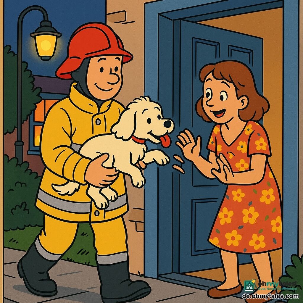 Ein lächelnder, beruhigender Feuerwehrmann mit glänzend rotem Helm, gelber reflektierender Jacke und schwarzen Stiefeln trägt sanft einen kleinen weißen, flauschigen Hund und geht auf eine blau gestrichene Haustür zu; eine etwa 30‑jährige Frau in einem geblümten Kleid steht überrascht und froh im Türrahmen mit erhobenen Händen, der Hund mit hängenden Ohren wedelt und leckt ihre Hand, draußen in einem Vorstadtabend mit gepflastertem Gehweg, warmem Licht einer gelben Straßenlaterne, grünen Büschen und einem innen beleuchteten Fenster mit roten Vorhängen — die Szene zeigt, wie der Feuerwehrmann den verlorenen Hund zurückbringt: zärtlicher, fröhlicher Moment, freundliche Mimik, warme Farben und einfache, runde Formen für Kleinkinder.