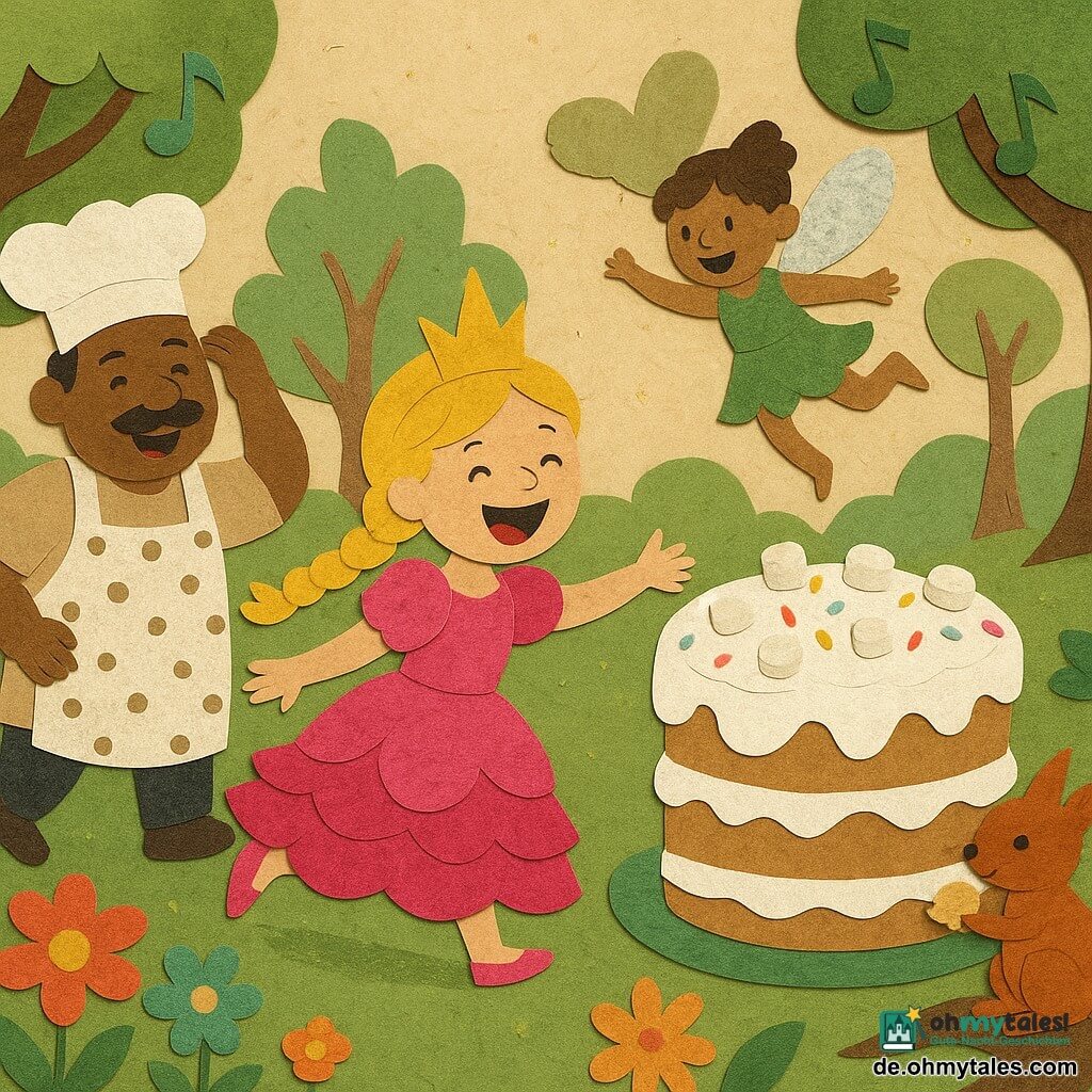 Prinzessin Lilly (jung) lacht strahlend in einem pinken Volantkleid und funkelnder Krone, Zopfblond, sie rennt mit ausgestreckten Armen auf einen riesigen, weiß glasierten Kuchen zu; Meister Bäcker Brummel (Mann, ~50) kräftig, gepunktete Schürze, runde Schnurrbart, hält seine Mütze und folgt lachend links vom Kuchen; ein schelmischer kleiner Elf mit schimmernden Flügeln und grünem Kleid springt mit Pirouetten auf den Kuchen vor der Prinzessin; ein rostrotes Eichhörnchen knabbert an einem Crumblestück auf einer Wurzel rechts; Ort: Lichtung im verwunschenen Wald mit grüner Wiese, übergroßen bunten Blumen, verdrehten Bäumen mit Notenblattblättern, sanftem Licht und goldenen Glitzersprenkeln; Stimmung fröhlich, tanzende Elfen, fröhliche Farben, Papiercollage-Optik mit sichtbaren Kanten und einfachen Schatten.