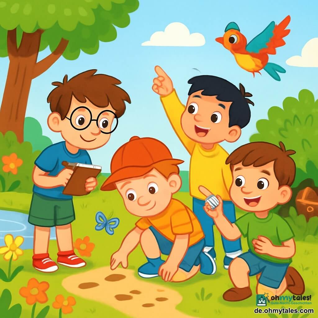 Es gibt 4 Kinder: - Max: ein 10-jähriger Junge mit zerzausten braunen Haaren und runden Brillen. Er trägt ein blaues T-Shirt und grüne Shorts und hält ein kleines Notizbuch in den Händen, bereit, Notizen zu machen. - Ben: ein 9-jähriger Junge mit blonden Haaren und Sommersprossen. Er trägt eine rote Mütze und ein gestreiftes T-Shirt und hockt sich, um aufmerksam den Boden zu beobachten. - Leo: ein 8-jähriger Junge mit schwarzen Haaren und funkelnden Augen. Er trägt einen leuchtend gelben Pullover und eine Jeans und zeigt mit dem Finger auf einen bunten Vogel, der um sie herumfliegt. - Tim: ein 9-jähriger Junge mit braunen Haaren und einem breiten Lächeln. Er trägt ein grünes T-Shirt und Jeansshorts und hält einen hübschen, glänzenden Stein in der Hand, während er seine Freunde aufgeregt ansieht. Der Ort ist ein sonniger Garten voller bunter Blumen, großer Bäume mit grünen Blättern und einem funkelnden kleinen Teich. Schmetterlinge fliegen um die Blumen, und ein buschiger Strauch verbirgt einen kleinen Schatz. Die Hauptsituation zeigt die vier Kinder bei einer Untersuchung, wie sie sich über den Boden beugen, um geheimnisvolle Spuren zu untersuchen, während ein bunter Vogel über ihnen fliegt und ihrer Abenteuer eine magische Note verleiht.