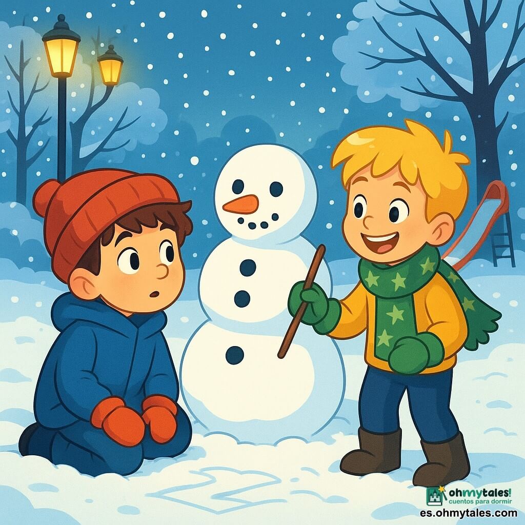 Hay 2 personajes principales: Mateo, un niño de 7 años con cabello castaño desordenado, que lleva un gran abrigo azul y un gorro rojo que le cubre las orejas. Está sentado en la nieve, con las manos sobre las rodillas y una expresión de curiosidad en el rostro. Lucas, un niño de 7 años con cabello rubio y ojos brillantes, viste una bufanda con estrellas y guantes verdes. Está de pie junto a Mateo, sosteniendo un palo en una mano, listo para dibujar en la nieve, con una gran sonrisa. El lugar es un parque invernal, donde la nieve cubre el suelo como una suave alfombra blanca. Árboles con ramas cargadas de nieve rodean el área, y un tobogán brillante se encuentra al fondo, rodeado de copos de nieve que caen suavemente. Las farolas iluminan la escena con una luz dorada, creando un ambiente cálido a pesar del frío. La situación principal muestra a Mateo y Lucas construyendo un muñeco de nieve, riendo y divirtiéndose juntos. Mateo observa atentamente a Lucas, quien dibuja formas en la nieve, mientras el muñeco de nieve, con una zanahoria como nariz y botones de carbón, toma forma a su lado.