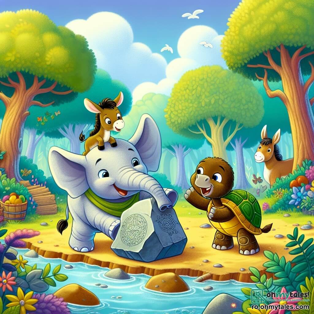 Un elefant vesel numit Emil, cu pielea gri și urechi mari, stă lângă un pârâu, admirând o piatră mare pe care încearcă să o ridice. Lângă el, un măgar mic, brun, pe nume Raoul, cu un zâmbet jucăuș, îl încurajează sărind, în timp ce o broască țestoasă înțeleaptă, pe nume Tina, cu carapace verde și ochi sclipitori, îi observă cu curiozitate. Decorul este o pădure fermecată, plină de copaci cu frunze colorate, flori strălucitoare și un cer albastru deschis presărat cu nori pufoși. Situația principală arată cum Emil și prietenii săi încearcă să ridice piatra pentru a descoperi o surpriză ascunsă dedesubt, plină de fructe delicioase.