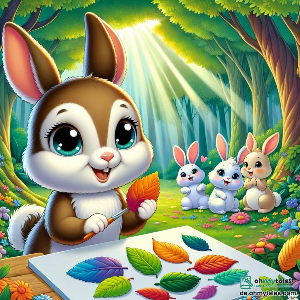 Ein kleiner Hase mit großen Ohren und weichem, braunem Fell, dessen Augen vor Neugier funkeln, lächelt fröhlich, während er bunte Blätter in seinen Vorderpfoten hält. Er befindet sich in der Mitte des Bildes, umgeben von seinen Freunden. Rechts von ihm schaut ein anderer Hase mit weißem Fell und blauen Augen mit Staunen auf ein aus Blättern gestaltetes Bild, seine Miene ist voller Überraschung und Bewunderung. Links von ihm lacht ein kleines, schwarz-braun geschecktes Weibchen fröhlich, während es ein gerade ausgeschnittenes Blatt hält. Die Szenerie ist ein prächtiger, grüner Wald mit majestätischen Bäumen und Sonnenstrahlen, die durch das Blätterdach filtern und einen Teppich aus bunten Blumen und gefallenen Blättern erleuchten. Die Szene zeigt einen Moment des Teilens und der Kreativität, in dem die Hasen Spaß daran haben, Kunstwerke aus Blättern zu schaffen, und verdeutlicht die Bedeutung von Freundschaft und die Akzeptanz von Unterschieden.