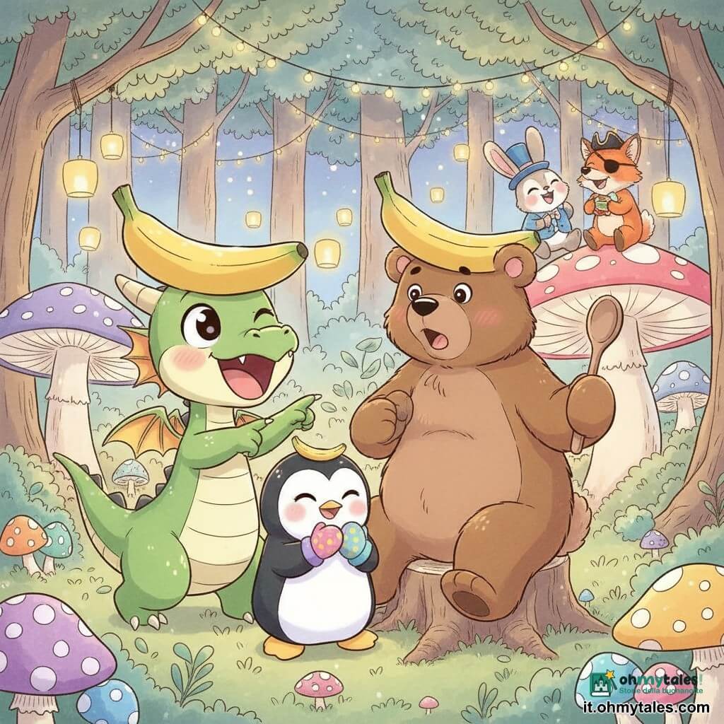 Il protagonista è un piccolo drago verde di nome Lino, gioioso con squame brillanti, piccole ali, grandi occhi e un cappello a banana che ride indicando; accanto Pippa, una piccola pinguina bianca e nera sorridente e vivace con muffole colorate che applaude; un grosso orso chef bruno, sorpreso e contento, porta il cappello a banana caduto e tiene un cucchiaio di legno seduto su un tronco vicino; un coniglio col cilindro e una volpe pirata ridono insieme sullo sfondo su funghi luminosi; la scena è una radura magica al crepuscolo con alberi dalle foglie pastello, ghirlande luminose, funghi colorati, lanterne di carta fluttuanti e terreno coperto di morbida muschio; situazione: una festa delle risate con tutti gli animali che indossano cappelli bizzarri, ridono sotto le luci in un'atmosfera calma e rassicurante, pronti ad addormentarsi.