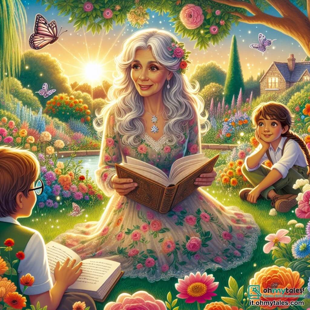 La scena si svolge in un giardino colorato, illuminato dalla luce dorata del sole al tramonto. Al centro c'è Bianca, una donna di cinquant'anni con capelli argentati e occhi dolci, che sorride calorosamente. Indossa un vestito leggero a fiori e è circondata da fiori vivaci e alberi verdi. Bianca tiene un libro aperto, condividendo una storia con passione, il suo volto radioso di emozione e saggezza. Accanto a lei, Marco, un ragazzo di undici anni con capelli castani e occhiali rotondi, ascolta attentamente, pronto a disegnare ciò che sente. Sofia, una ragazza di dieci anni con trecce e un sorriso radioso, si trova un po' in disparte, con una ghirlanda di fiori che ha fatto per decorare il giardino. Il giardino è pieno di fiori colorati, farfalle e una piccola fontana che scintilla al sole. Le risate dei bambini riempiono l'aria, creando un'atmosfera gioiosa e pacifica. Bianca racconta una storia ispiratrice ai bambini, insegnando il potere della pace e della resilienza, mentre si riuniscono attorno a lei, affascinati dalle sue parole e dall'atmosfera magica del giardino.
