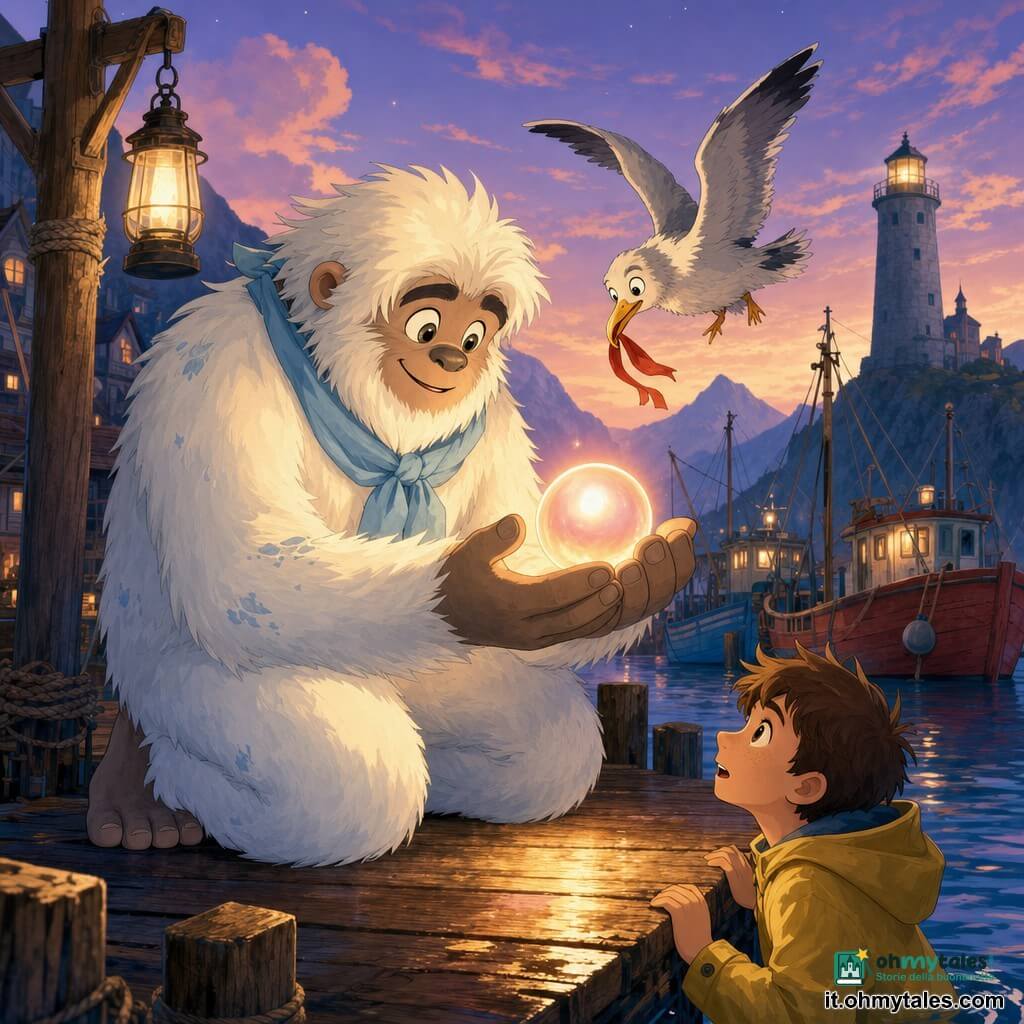 Uno yeti dalla pelliccia crema e occhi grandi e dolci, in postura attenta e sorridente, è inginocchiato sul bordo di un molo di legno e tiene delicatamente una grande perla luminosa che emette un bagliore caldo rosa-arancio; ha mani e piedi larghi e pelosi, un foulard celeste e qualche macchia di sale sul pelo. Sopra di lui vola un vecchio gabbiano grigio dalle piume arruffate che tiene un piccolo nastro rosso nel becco. Un ragazzo pescatore di circa 12 anni, capelli castani corti e giacca impermeabile gialla, è in basso a destra sul molo con le mani sul bordo, volto meravigliato e sguardo verso la perla. Scena: piccolo porto in legno al crepuscolo con foschia leggera, montagne blu sullo sfondo, barche colorate ormeggiate, lanterne sospese e un faro di pietra in lontananza; la perla tirata dall'acqua illumina le assi bagnate con riflessi dorati creando un'atmosfera calda e magica. Palette: toni pastello morbidi, contrasto caldo sulla perla, linee nette e forme semplici, texture piatte ed illuminazione al tramonto.