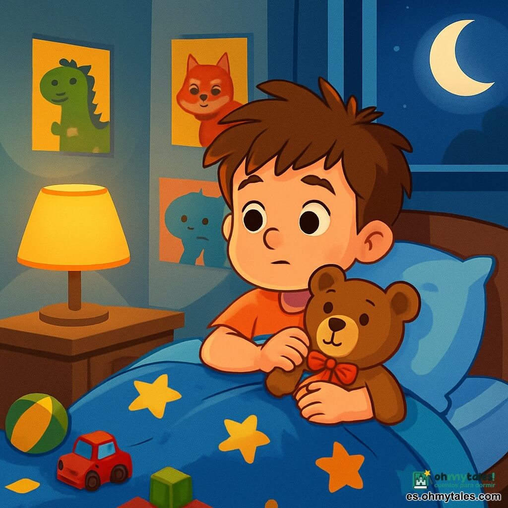 Un niño de 6 años, Lucas, con cabello castaño desordenado y grandes ojos curiosos, está acostado en su cama, rodeado de su manta azul estrellada. Su rostro expresa una ligera preocupación, pero también determinación, mientras abraza a su oso de peluche, Tomás. A su lado, en una estantería, hay una lámpara de noche que emite una suave luz amarilla, creando un ambiente cálido. La habitación está decorada con posters de animales coloridos y juguetes esparcidos por el suelo, añadiendo un toque lúdico al espacio. La situación principal muestra a Lucas, con una ligera sonrisa, respirando profundamente, listo para enfrentar sus miedos, mientras Tomás, el oso de peluche con un lazo rojo, parece darle valor. La ventana deja pasar un rayo de luna, iluminando suavemente la habitación, mientras sombras bailan en las paredes, creando una atmósfera a la vez misteriosa y reconfortante.