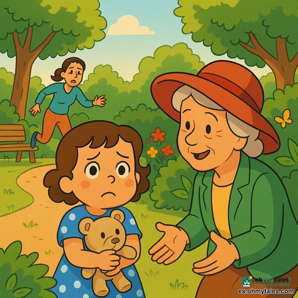 Niña de 4 años, confusa y algo preocupada, rostro sonrojado, ojos grandes y brillantes, cejas fruncidas, pelo castaño rizado a la altura de la mandíbula, vestido azul con lunares blancos, abrazando un osito de peluche beige; al fondo la madre (unos 30 años) corre por un sendero entre los árboles llamando a la niña con semblante preocupado pero cariñoso; una mujer mayor (unos 60 años) con gran sombrero rojo y chaqueta verde se arrodilla y le tiende la mano sonriendo con gesto reconfortante; lugar: parque luminoso con césped, bancos de madera, macizos de flores rojas y amarillas, árboles y un gran arbusto donde la niña siguió una mariposa; situación: la niña perdida aprieta su osito, la mujer del sombrero rojo le habla y le ofrece la mano mientras la madre llega corriendo al fondo con luz suave de tarde.