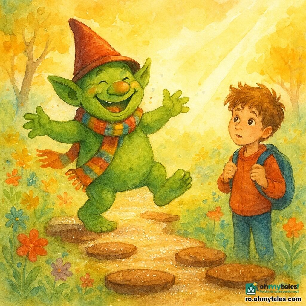 Un trol vesel cu pielea verde și un zâmbet larg, purtând o pălărie ascuțită și un fular colorat, dansează pe un drum de zahăr sclipitor. Lângă el, un băiat de 10 ani cu părul ciufulit și ochi curioși, ține un rucsac și privește trolul cu uimire. Se află într-un parc magic unde copacii cu frunze aurii șoptesc și florile multicolore dansează ușor. Scena principală îi arată pe trol și pe băiat traversând un pod făcut din biscuiți de ciocolată, luminat de razele de soare aurii care se strecoară printre norii de zahăr.