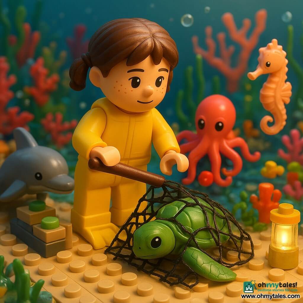 A brave 6-year-old girl, Maya, round-faced with freckles and short chestnut hair in two small braids, wearing a yellow wetsuit and boots, uses a wooden spoon to cut a dark plastic net and free a sweet-eyed juvenile LEGO sea turtle partially entangled in the foreground; a curious octopus with coral and purple tentacles holds a small shiny red button behind her, a playful LEGO dolphin nudges a sorted pile of debris with its nose to the left, and a delicate peach seahorse floats to the right wagging its tail in encouragement; lush coral garden of pink, orange and blue formations, swaying green seaweed, small glowing yellow and turquoise fish and rising bubbles; soft golden light from a found glass lamp illuminates Maya and creates sparkling reflections; action moment of rescue, warm colorful atmosphere, rich textures (bricks, bubbles, seaweed), realistic LEGO diorama style, vivid colors, centered composition, medium framing, slightly low angle for an immersive underwater feel.