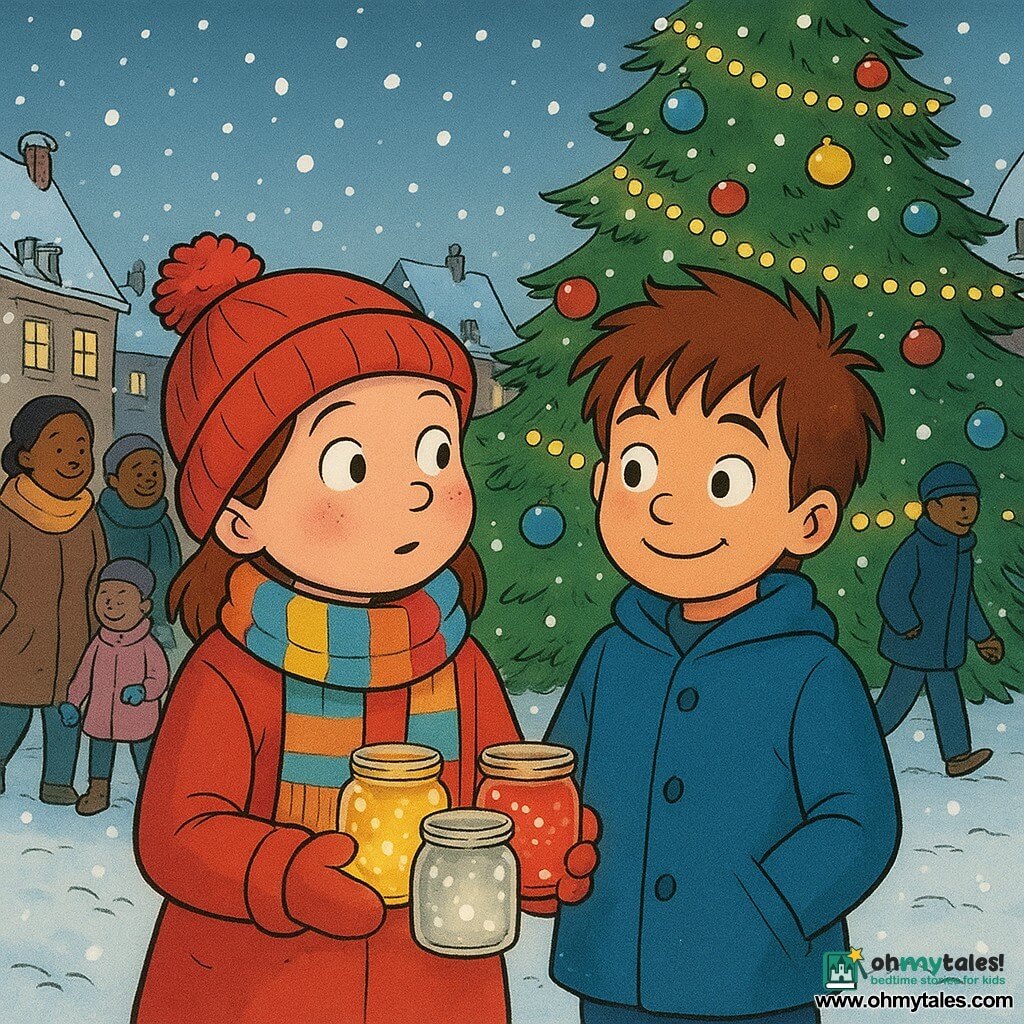 A 6-year-old girl named Mila, with a curious face and cheeks rosy from the cold, wears a red pom-pom hat and a colorful scarf. She holds three small glass jars glowing from within, each a different color: gold, red, and silver. Beside her is Theo, a 6-year-old boy with tousled hair and a warm smile, wearing a blue coat. They stand together near a large Christmas tree decorated with string lights and colorful ornaments, in a snowy village square. Around them, smiling passersby bundled in winter coats engage in festive activities. The scene is bathed in a soft, warm light, with snowflakes gently falling from the sky.