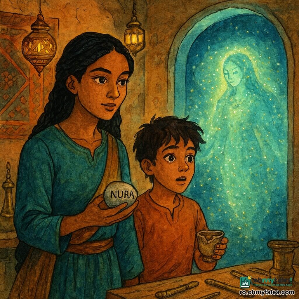 Protagonista este Amina, povestitoare cu păr negru împletit, față ovală și ochi strălucitori, hotărâtă și blândă, care ține delicat o piatră mică gravată cu numele NURA și privește o ușă de aer sclipitoare; lângă ea stă Samir, băiat de circa 12 ani, cu păr ciufulit și piele bronzată, surprins și recunoscător, ținând o cană de ceai spartă; dincolo de ușa de aer, în interiorul unei lămpi suspendate, plutește Nura, o siluetă luminoasă eterică din particule aurii și bleu‑verzui, binevoitoare; decor: atelier de gravură într‑un bazar oriental cu ziduri ocru, covoare brodate, unelte din alamă pe o masă de lemn, lămpi cu ulei și o fereastră spre dune și minaret; situație: Amina activează o ușă invizibilă de aer care sclipeste ca sticlă sfărâmată, lampa lui Nura răspândește scântei aurii, noapte caldă, paletă ocru, albastru intens și verde mentă, texturi de lemn uzat, metal lustruit și țesături brodate.