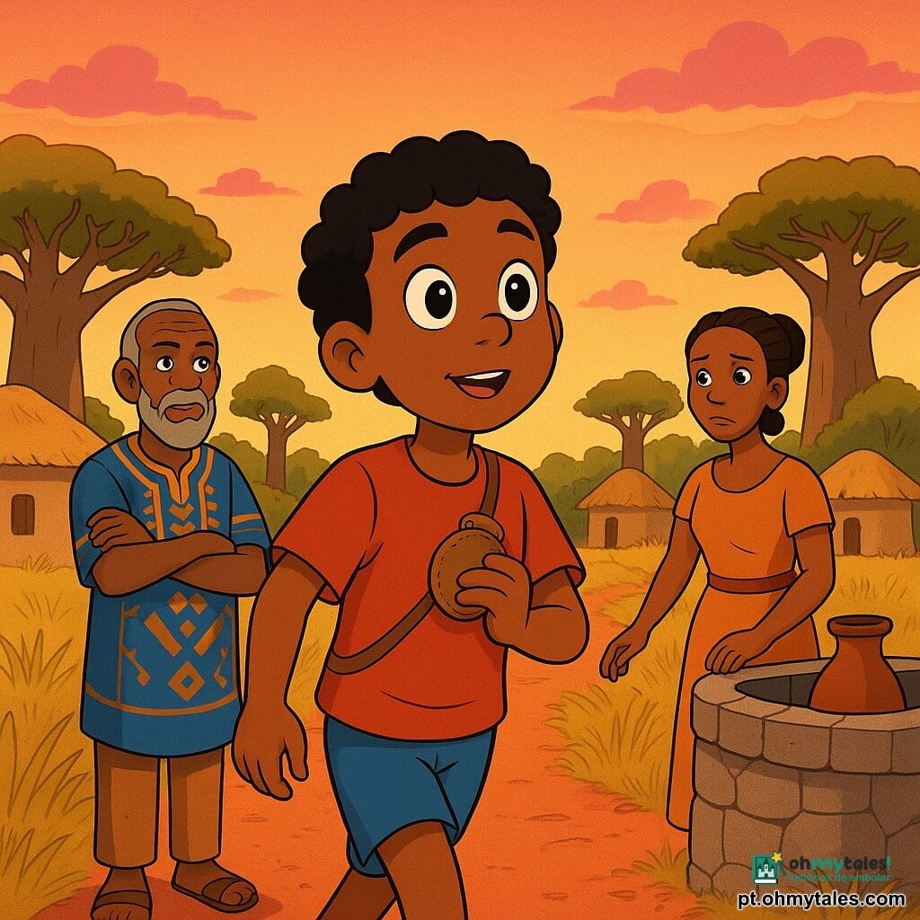 Um menino de ~12 anos, cabelos curtos e encaracolados, pele morena e olhos brilhantes, segura um pequeno amuleto de couro contra o peito e caminha rumo ao horizonte ao som distante de um tambor; um ancião Bamba de ~70 anos, rosto vincado e barba grisalha curta, com roupas de tecido ocre e azul, observa do limite da aldeia de braços cruzados, sábio e calmo; a mãe (~35 anos), pele morena e cabelo em trança presa, está junto a um poço de pedra com a mão numa bilha, apreensiva mas confiante; aldeia africana ao pôr do sol com palhotas de barro, caminhos de terra vermelha, baobás e capim dourado, céu laranja-pêssego com nuvens rosas; cena principal: garoto andando pela trilha rumo à savana dourada, tambor invisível vibrando o ar, composição dinâmica, cores quentes, forte contraste, estilo desenho animado dos anos 90, traços nítidos e expressões exageradas, atmosfera de aventura e descoberta.
