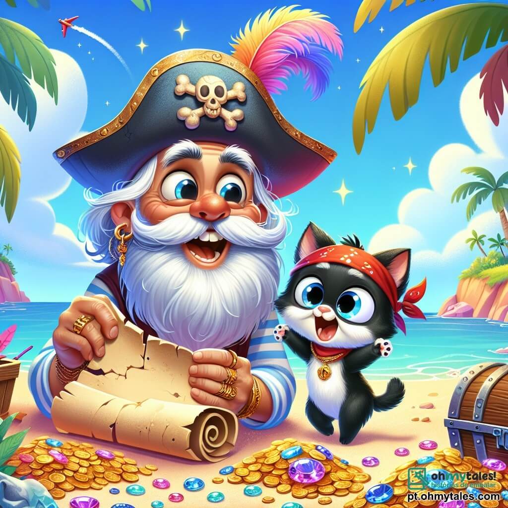 Um velho pirata, o Capitão Barba Branca, um homem de barba branca e desgrenhada, usa um chapéu largo adornado com uma pena colorida. Ele tem um sorriso travesso e olhos brilhantes de excitação, segurando um velho pergaminho nas mãos. Ao seu lado, um pequeno gato preto chamado Tico, com um bandana vermelha ao redor do pescoço, faz caretas e dança alegremente na areia. A cena se passa em uma ilha tropical, com coqueiros verdes, rochas coloridas e um mar turquesa cintilante ao fundo. O céu é azul com algumas nuvens brancas fofas. O pirata e seu gato descobrem um antigo tesouro escondido, cercado por moedas de ouro brilhantes e joias cintilantes, enquanto riem e celebram sua amizade.