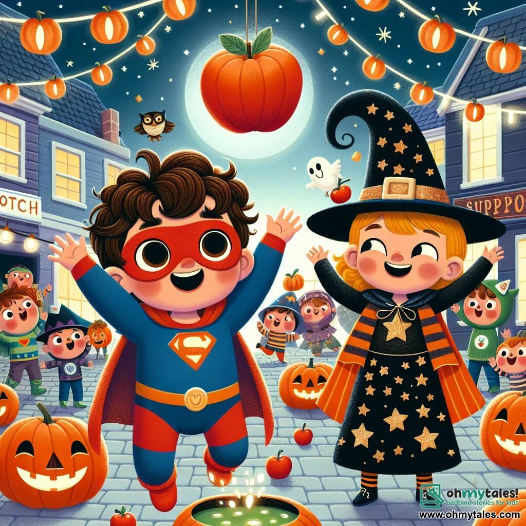A 4-year-old boy with big brown eyes and curly hair is wearing a red and blue superhero costume. He has a big smile on his face, showing his joy and wonder as he holds a floating apple in his hands. Next to him, a 4-year-old girl with yellow pigtails and a sparkling witch hat jumps for joy, encouraging him. She wears a black dress with golden stars and has an excited sparkle in her eyes. The scene takes place in a lively square in the village of Pumpkinville, decorated with smiling pumpkins, fairy lights, and little paper ghosts hanging from the trees. Costumed children play around them, creating a festive and joyful atmosphere under a starry sky. The boy and girl are participating in a bobbing for apples game, surrounded by laughter and cheers, while a wise owl dressed as a ghost watches them with an amused smile from a nearby tree.