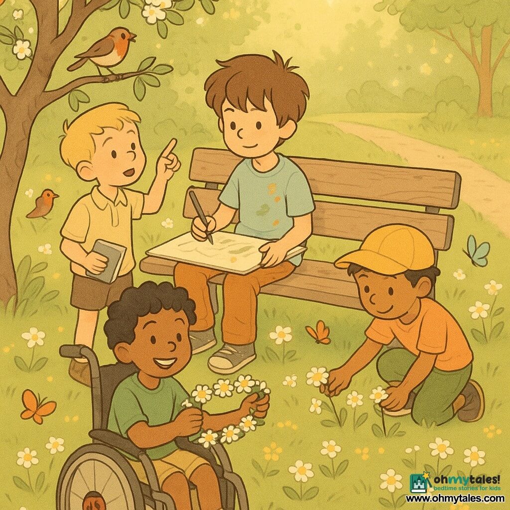 Four friends in a small spring park: a 9-year-old boy with messy brown hair and a paint-stained light blue T-shirt sits in the middle of a weathered wooden bench under a white-blossomed pear tree, drawing on a large sheet of paper across his knees; an 8-year-old blond boy stands to the left with a small notebook, pointing at a robin on a branch; an 8-year-old boy with olive skin and a yellow hat crouches to the right, picking daisies with one hand; and a smiling 9-year-old boy in a wheelchair with curly black hair and a ladybug sticker on the wheel sits slightly in front of the bench holding an almost-finished flower crown. Green grass dotted with daisies and buttercups, a light dirt path behind the bench, colorful butterflies, a small reflective puddle near the bench, wet petals, colored pencils, and the golden sun with dewdrop-like beads on the leaves create a tender, joyful atmosphere as they make flower crowns and draw.