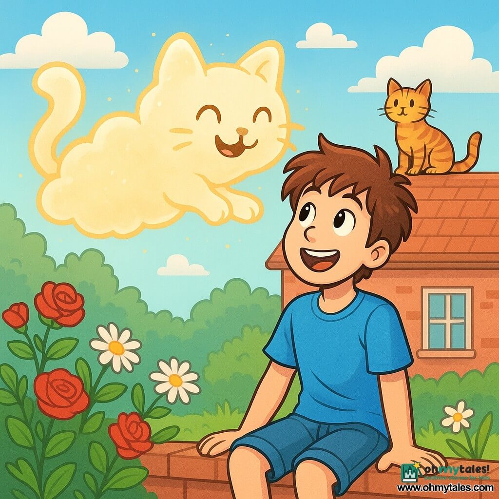 A 12-year-old boy named Toby is sitting on a garden wall, with messy brown hair and a big, amazed smile on his face. He wears a bright blue t-shirt and denim shorts, his eyes shining with excitement as he listens to a cloud floating above him. The soft, fluffy cloud is playfully shaped like a stretching cat, with golden light dancing on its surface. It seems friendly and curious, leaning slightly towards Toby as if sharing a secret. The garden is filled with colorful flowers, with red roses and white daisies gently swaying in the wind. In the background, a red brick house exudes warmth, and a clear blue sky stretches above, dotted with a few fluffy clouds. The main scene shows Toby joyfully chatting with the cloud, sharing laughter and funny stories, while a tabby cat sitting on the roof of the house watches them with an amused expression.