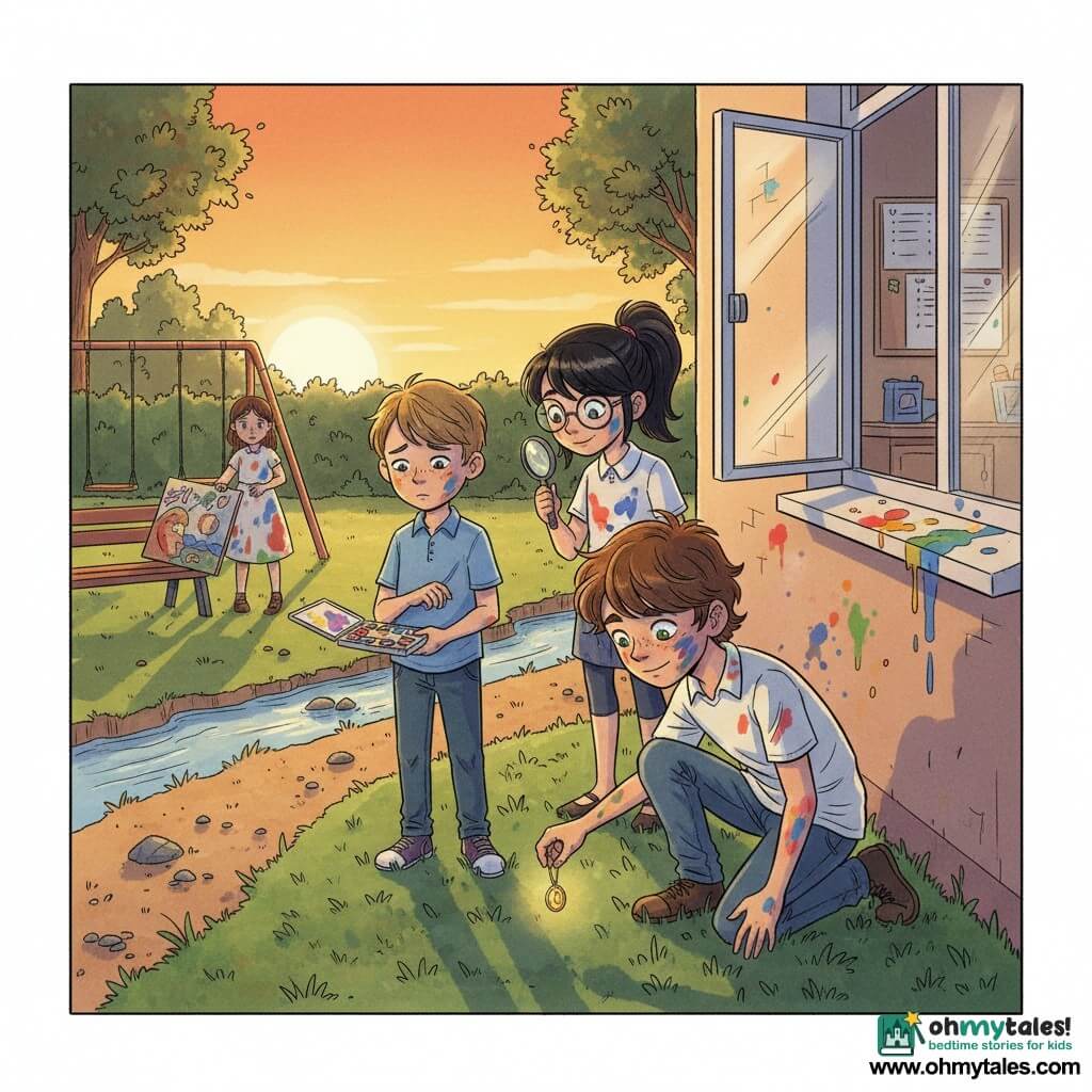 A determined, curious 12-year-old boy Ollie with paint-speckled face, messy brown hair and bright green eyes crouches to pick up a small gold medallion in the grass; 12-year-old Mia, focused and mischievous with black hair in a ponytail and round glasses, holds a magnifying glass over the medallion and peers over Ollie's shoulder; 12-year-old Danny, hesitant and remorseful with light brown hair, stands to Ollie's left holding a small paint box and looking down; about 13-year-old Jessica, embarrassed but relieved in a paint-stained simple dress, gently sets a large rolled painting beside a bench in the background; schoolyard at dusk with gravel, green grass, swings, distant tree hedge and an art room window slightly open with paint splatters on the sill; the young investigators have found a golden clue near the courtyard stream, dynamic composition, expressive poses, gazes drawn to the object, warm orange light and a friendly suspenseful mood.