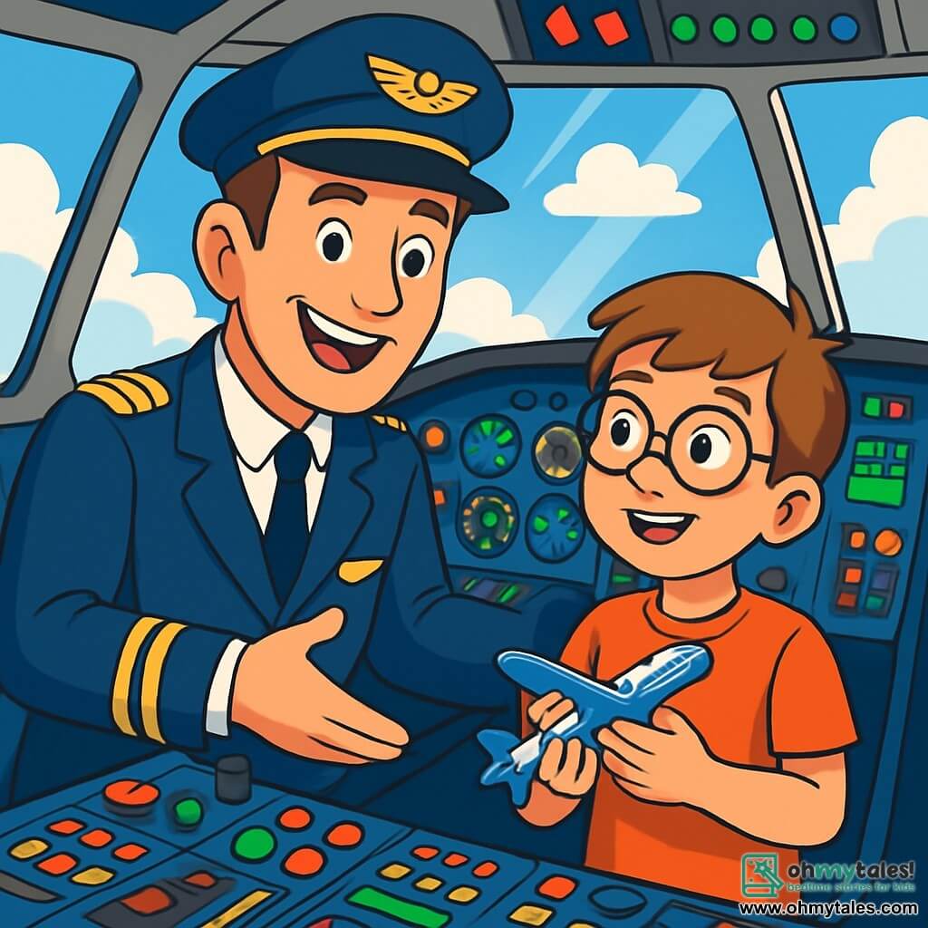 A male pilot, Captain Elliot Foster, smiling and confident, wears a navy blue uniform with golden epaulettes. His eyes shine with excitement as he stands in the cockpit of an airplane, surrounded by colorful buttons and levers. Next to him is a young boy named Ben, around 8 years old, with brown hair and round glasses, gazing in awe at the flight instruments, holding a small toy airplane in his hands. The cockpit is filled with light, with large windows offering a spectacular view of white clouds and a sunny blue sky. The main scene shows the pilot enthusiastically explaining how the airplane works to Ben, who is captivated by this magical flying experience.