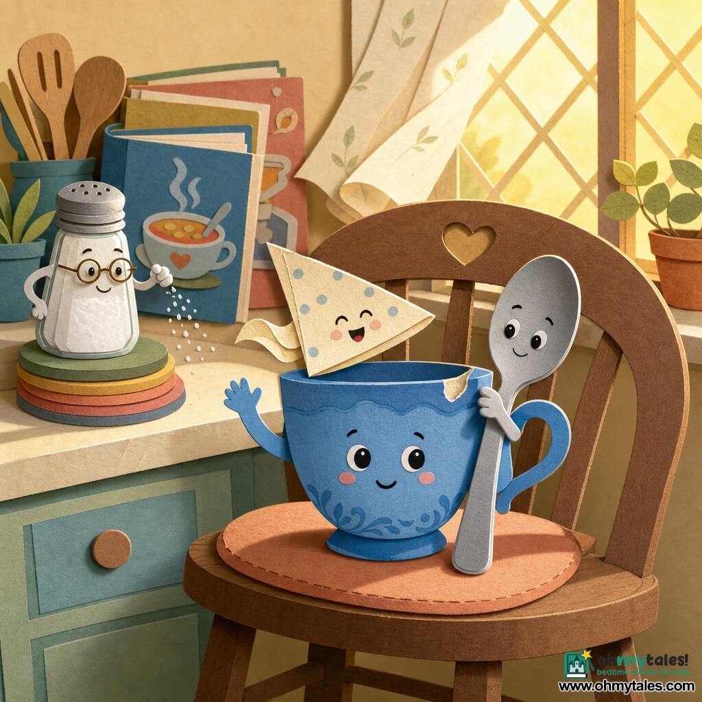 The main character is a small blue porcelain cup (anthropomorphized) with a round belly, a tiny chip on the rim, a simple drawn face (two round eyes and a smiling mouth) and an expression both determined and slightly shy; she sits center on a wooden chair and makes a small waving gesture. Secondary: a shiny silver spoon (anthropomorphized) with a straight handle like an arm, proud and protective, hooked under the cup's chip and leaning forward to help her wave, beside the cup on the chair. Secondary: a small triangular folded cream polka-dot napkin, cheerful and fluttering, placed on the cup's rim like a little flag. Secondary: a small glass salt shaker on the counter (wise object), gently shaking as if whispering advice, in the background left near a stack of coasters and cookbooks. Setting: a cozy paper‑cut kitchen with a paned window admitting a golden sunbeam, a brown wooden chair with a soft cushion, a light counter, stacks of smooth coasters and illustrated soup-pattern books, and a light moving curtain. Main situation: the cup attempts a small wave toward the distant horizon visible through the window; whimsical, comic mood, measured gentle gestures, pastel colors and obvious paper‑cut textures, composition centered on the cup waving with the spoon and napkin assisting.