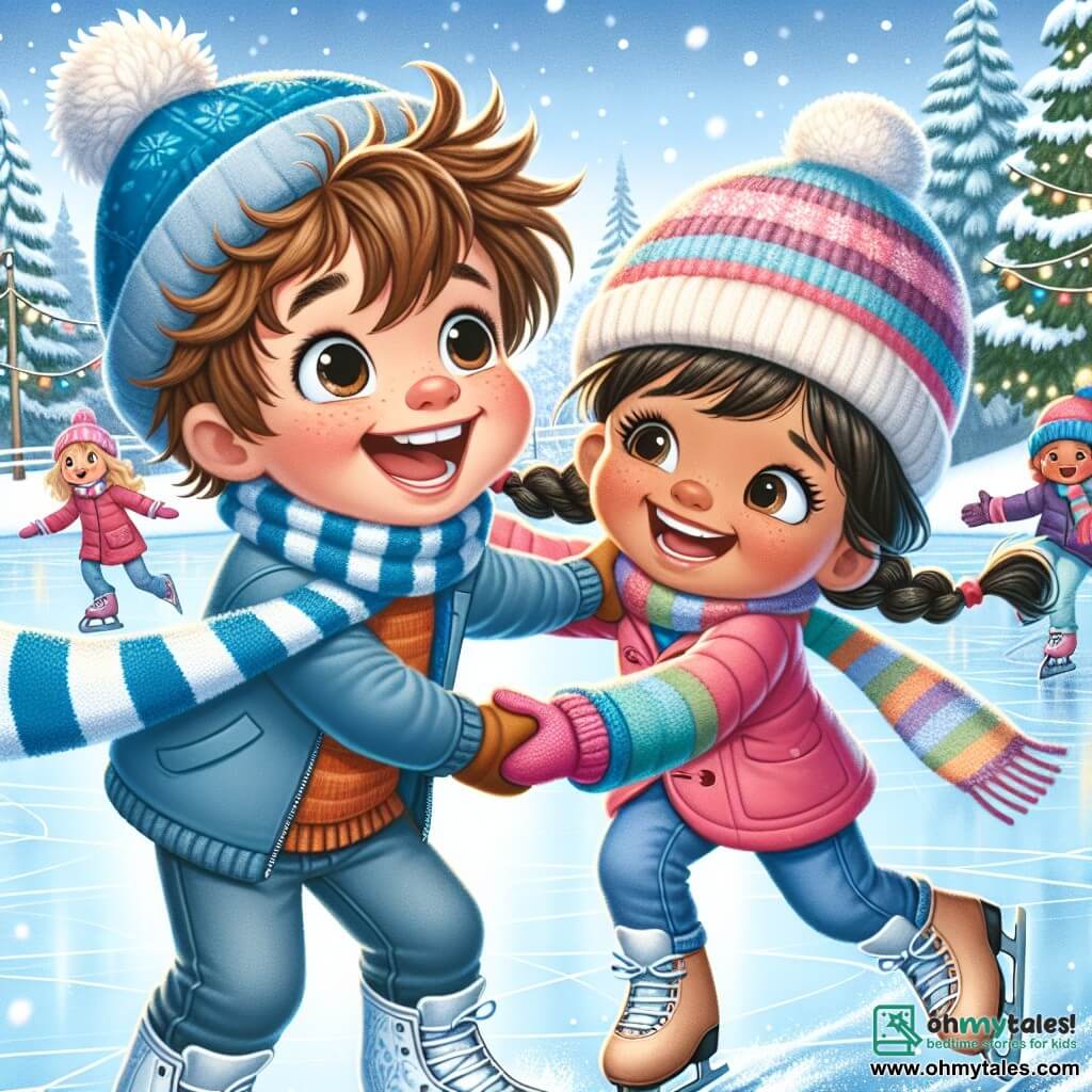 A 9-year-old boy named Oliver, with messy brown hair and rosy cheeks from the cold, smiles joyfully while skating on a frozen lake. He wears a bright blue hat and a striped scarf, his eyes sparkling with happiness. Beside him is his best friend Mia, a 9-year-old girl with braided blonde hair, laughing as she tries to maintain her balance on her skates, dressed in a pink jacket and colorful gloves. The setting is a beautiful winter landscape, with trees covered in sparkling snow, gentle snowflakes falling from the light gray sky, and twinkling lights hanging from the branches. In the background, children are playing and skating, creating a festive and joyful atmosphere. The main scene shows Oliver and Mia helping each other, their hands reaching out as they glide on the ice, surrounded by laughter and joy, illustrating the spirit of friendship and sharing in winter.