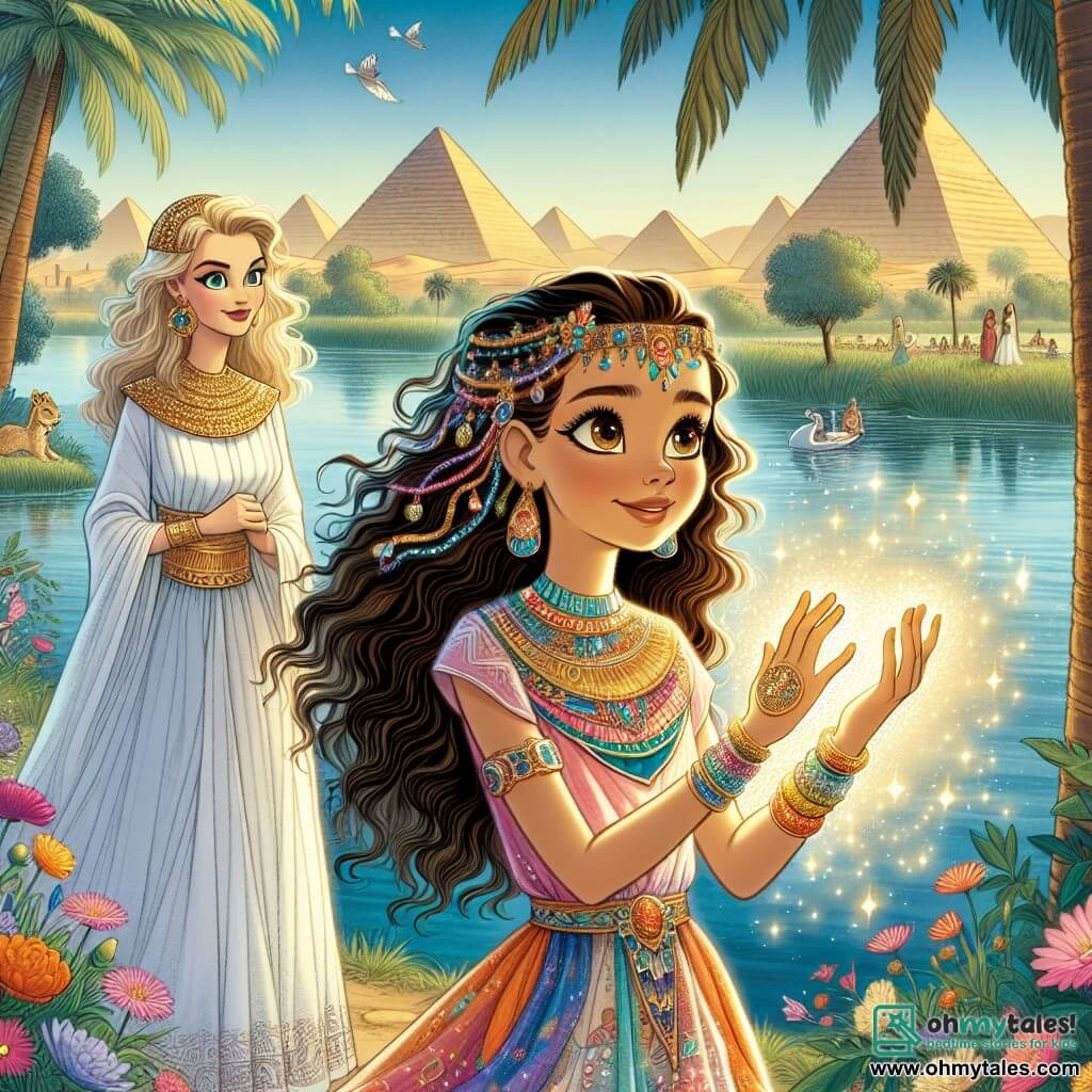 Amina, a young Egyptian girl of about 10, stands by the great Nile with a curious and amazed expression on her face. She has long curly hair blowing in the wind, a colorful dress adorned with floral patterns, and she holds an ancient tablet in her hands, illuminated by a soft golden light. Beside her, Cleopatra, a majestic woman of about 30, wears an elegant white linen dress adorned with sparkling jewelry. She stands gracefully, a kind smile on her face, watching Amina with pride. In the background, the landscape is filled with lush palm trees, vibrant flowers, and the majestic river reflecting the blue sky. Pyramids rise in the distance, adding a touch of mystery to the scene. The main focus shows Amina discovering the magical power of the tablet, surrounded by shimmering light, symbolizing the beginning of her incredible adventure through time.