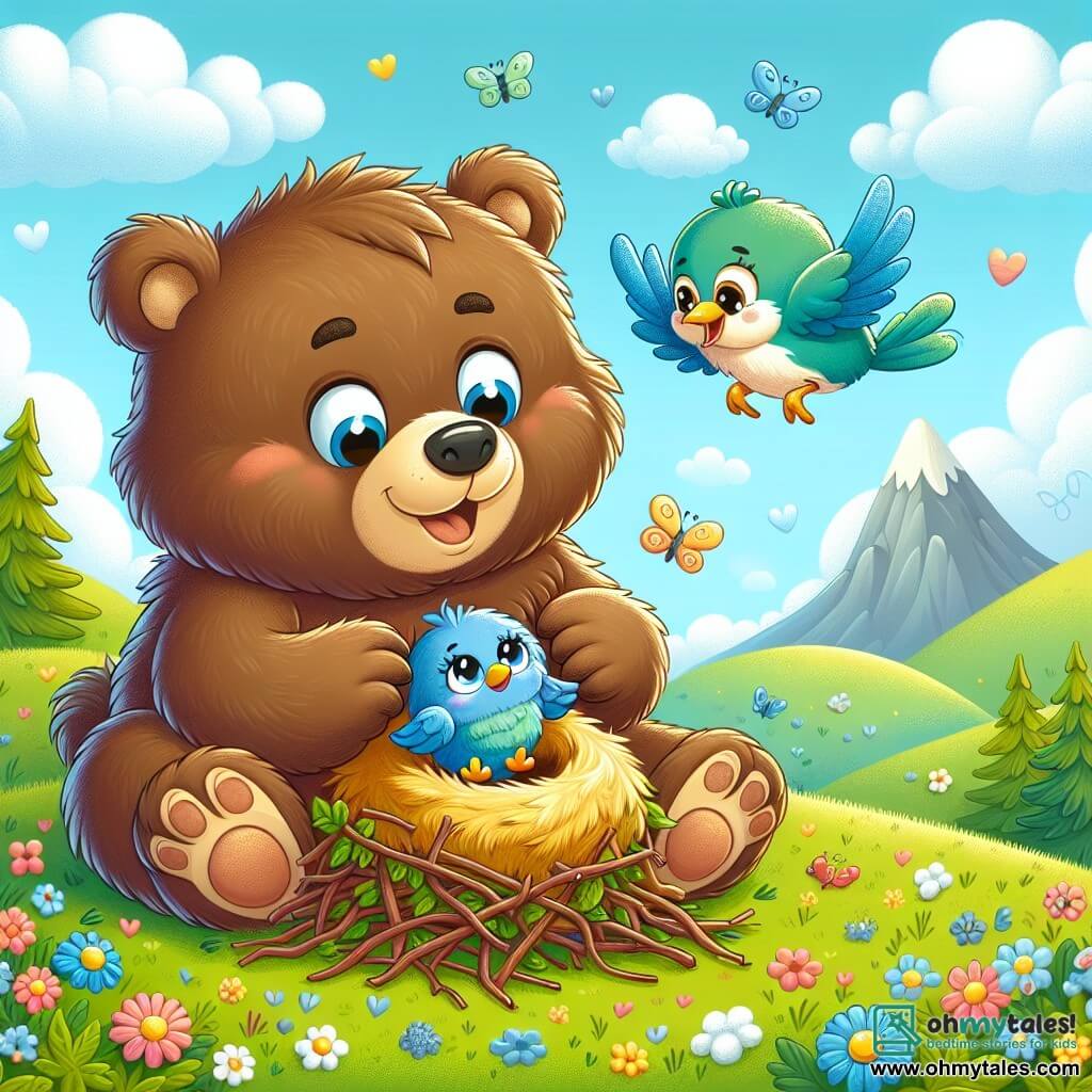 A brown bear, Benny, with soft fur and sparkling eyes of joy, is sitting on a green hill, holding a lovely nest made of twigs and leaves. He smiles, showing his happiness of being with his friend. Next to him, a little blue bird, Bella, with shiny feathers and a yellow beak, joyfully flies around the nest, her eyes bright with excitement. The setting is a sunny meadow dotted with colorful flowers, with a clear blue sky and a few fluffy white clouds. In the distance, gentle mountains outline the horizon, adding a touch of magic to the scene. The main situation shows Benny and Bella celebrating their friendship by building a nest together, surrounded by the beauty of nature, symbolizing happiness and cooperation among friends.