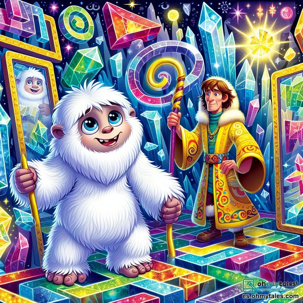 Un joven yeti de pelaje blanco y suave, con ojos brillantes y curiosos, se encuentra en el centro de un laberinto de espejos brillantes. Su expresión es determinada y asombrada mientras observa los reflejos coloridos a su alrededor. A su lado, un maestro enigmático, un hombre de unos 60 años, lleva una túnica multicolor que cambia de forma. Sonríe con benevolencia, sosteniendo un bastón luminoso que ilumina el camino. El laberinto está compuesto por espejos con bordes dorados, reflejando luces brillantes y patrones encantadores, mientras hojas de cristal brillan sobre ellos. La escena principal muestra al yeti listo para resolver un último enigma para liberar a una criatura mágica, rodeado de reflejos danzantes y colores vibrantes.