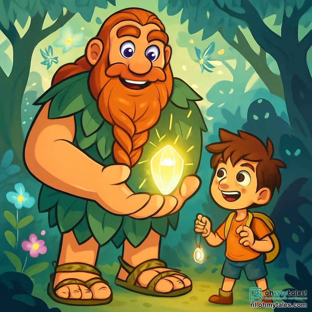 Een welwillende reus met een grote gevlochten baard en ogen die schitteren als amethisten staat trots in het midden van het decor. Hij draagt een tuniek van groene bladeren en sandalen van lianen, terwijl hij een kleine lichtgevende kristal beschermt die stralen van licht om hem heen verspreidt. Naast hem kijkt een 11-jarig jongetje met rommelig bruin haar en nieuwsgierige ogen vol bewondering naar de reus, terwijl hij een klein glanzend amulet in zijn hand houdt. De achtergrond is een prachtig bosheiligdom, vol met bomen met zilveren bladeren, luminescente bloemen en magische wezens die om hen heen vliegen. Zonlicht filtert door het loof en creëert dansende schaduwen op de met mos bedekte grond. De hoofdscène toont de reus en het jongetje die zich voorbereiden om dreigende schaduwen te confronteren die het heiligdom naderen, terwijl magie in de lucht schittert, wat de spanning en opwinding van het moment illustreert.