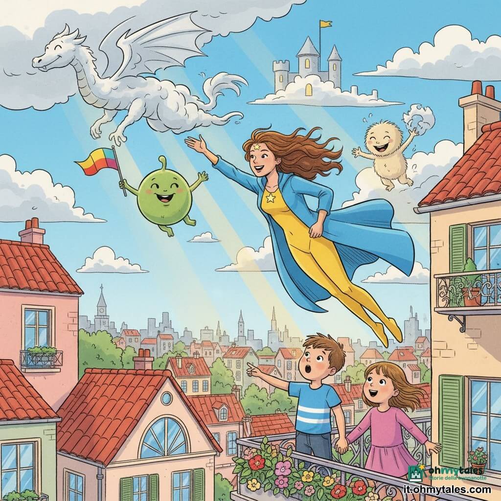Stella Splendente è una donna supereroina sorridente e determinata con un lungo mantello blu elettrico, tuta gialla, capelli castani mossi e una piccola stella sulla fronte; vola sopra i tetti guidando le nuvole. Ziggy è un piccolo alieno verde e rotondo che tira grappoli di nuvole e agita una bandiera multicolore, mentre un altro alieno pallido e peloso crea nuvole a forma di animali. Sotto, un bambino di 6 anni con la bocca aperta tiene la mano di una bambina di 5 anni che indica il cielo, su un balcone fiorito. La scena si svolge sopra una città colorata di case pastello e tetti rossi sotto un cielo azzurro: Stella e gli alieni trasformano nuvole grigie in un drago e un castello da cui escono raggi dorati che illuminano la città.