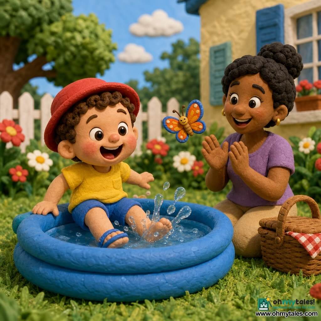A joyful 2-year-old boy with a round red hat, blue sandals and a yellow tee dips his toes into a small inflatable blue pool, splashing water with a big smile; his mother, about 30, smiles and claps nearby with a wicker picnic basket on the grass, while an orange-and-blue butterfly hovers above the pool in a bright summer garden with green lawn, red and white flowers, a white fence and a house with blue shutters.