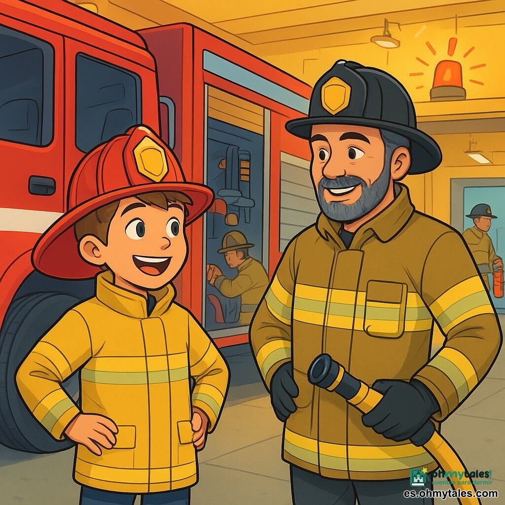 Un joven llamado Mateo, de unos 10 años, lleva un gran casco de bombero brillante y un pesado abrigo ignífugo. Su rostro está iluminado por una sonrisa de emoción y sus ojos brillan de curiosidad. Está de pie junto a un enorme camión de bomberos rojo, con las manos en las caderas, listo para la aventura. A su lado, el Jefe Ramírez, un hombre de unos cuarenta años con barba canosa, viste un uniforme de bombero y un casco. Le sonríe cálidamente a Mateo mientras le muestra el material de rescate. La escena tiene lugar en una estación de bomberos animada, con paredes amarillas brillantes, equipos de rescate relucientes y luces intermitentes. Los bomberos se afanan alrededor, revisando las mangueras y preparando el camión para una intervención. La situación principal muestra a Mateo, lleno de entusiasmo, listo para descubrir el fascinante mundo de los bomberos, mientras suena una alarma al fondo, añadiendo un toque de urgencia a la emoción de este día especial.