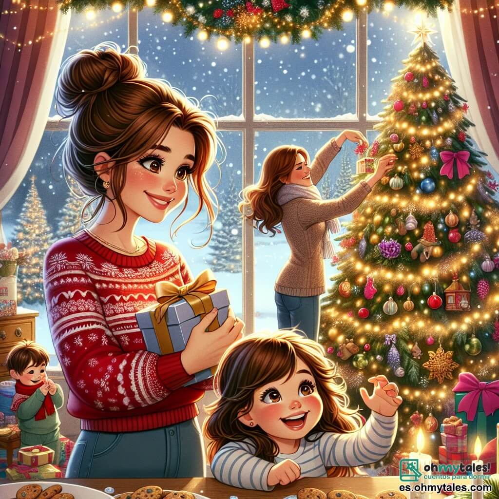 Una niña de 9 años, Clara, con largos cabellos castaños y ojos brillantes de alegría, está frente a un hermoso árbol de Navidad decorado con guirnaldas brillantes y bolas de colores. Sonríe con asombro, sosteniendo un regalo en sus manos, lista para abrirlo. A su lado, su madre, una mujer de unos treinta años con cabello castaño recogido y un suéter rojo festivo, coloca delicadamente galletas navideñas sobre la mesa, añadiendo un toque cálido a la escena. En un rincón, su hermanito Miguel, de 5 años, con mejillas redondas y gafas, se divierte lanzando bolas de nieve por la ventana, riendo a carcajadas. La habitación está llena de luz suave, con copos de nieve cayendo afuera, creando un ambiente mágico y acogedor. La situación principal muestra a Clara, llena de emoción, lista para descubrir la magia de la Navidad al abrir su regalo, rodeada de su familia en su casa decorada para las fiestas.