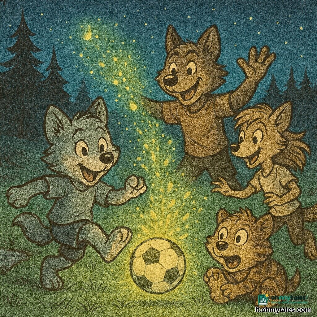 Leo, un cucciolo di lupo grigio dal pelo soffice e occhi vivaci, sorpreso e gioioso mentre dribbla e calcia un pallone con una piccola bottiglia luminosa attaccata; Max, un lupo più grande dal pelo bruno, sorridente e fiero dietro di lui; Mia, una lupetta snella dal pelo beige che corre ridendo verso il pallone; Tito, un cucciolo tigrato accovacciato che tiene la bottiglia che si rompe: la bottiglia esplode in una nuvola di lucciole gialle e verdi che riempiono il campo di tracce scintillanti. Il campo è un piccolo prato irregolare circondato da pini scuri e un ruscello argentato a sinistra, sotto un cielo crepuscolare blu profondo punteggiato di stelle nascenti; la scena cattura l'istante magico in cui la luce delle lucciole inonda il terreno e gli amici ridono insieme.