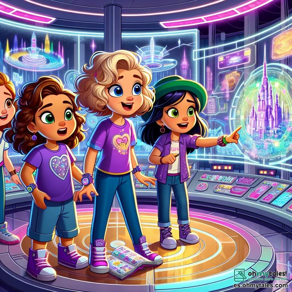 Cuatro chicas, de aproximadamente 10 años, están en el centro de una sala circular futurista. Lola, con cabello rizado castaño y una camiseta morada, observa asombrada un holograma brillante frente a ella. Mia, con cabello rubio y un vestido rosa, señala un panel de control lleno de botones de colores. Carla, con cabello negro y una gorra verde, examina un holograma de la ciudad de Nubealuz, con los ojos muy abiertos. Finalmente, Sofía, con cabello castaño y jeans, toma notas en un pequeño cuaderno, concentrada en los descubrimientos de sus amigas. La sala es inmensa, con paredes de metal brillante y luces de neón de todos los colores que bailan en las superficies. Hologramas flotan a su alrededor, proyectando imágenes de la ciudad futurista, con rascacielos brillantes y coches voladores. Las chicas acaban de descubrir un centro de control secreto que podría contener misterios sobre su ciudad. Están emocionadas por explorar más y resolver el misterio de los puntos rojos en el plano holográfico.