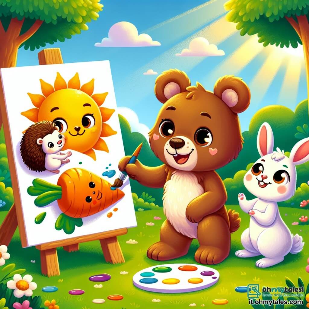 Un piccolo orso bruno dagli occhi scintillanti e dal sorriso radioso sta dipingendo un grande sole giallo su una tela, seduto sull'erba verde di una radura soleggiata. Ha macchie di vernice sulle zampe ed è molto felice, immerso nella sua attività creativa. Accanto a lui, una piccola coniglietta dalle grandi orecchie e dal pelo bianco sta dipingendo una carota gigante con colori vivaci, mostrando un sorriso gioioso. Un piccolo riccio dai pungiglioni morbidi e dal viso curioso osserva il dipinto dell'orso con ammirazione, gli occhi brillanti di entusiasmo. La scena si svolge in una radura luminosa, circondata da alberi maestosi con foglie verdi brillanti, con fiori colorati che danzano dolcemente sotto la brezza estiva. I tre amici si divertono insieme in un'attività di pittura al campo estivo degli animali, pieni di entusiasmo e creatività, condividendo risate e momenti di gioia.