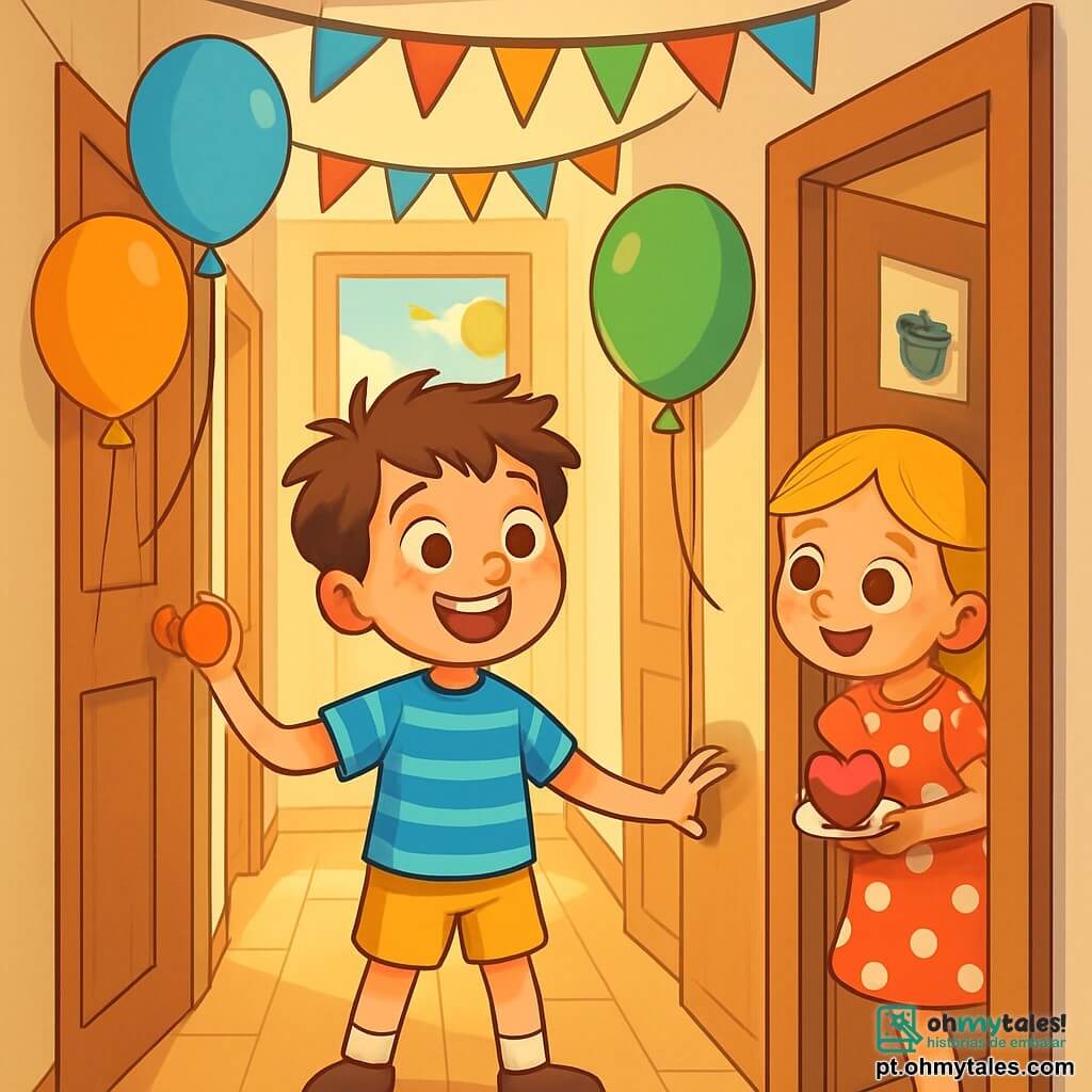 Lupito, um garotinho de cabelos castanhos bagunçados e olhos curiosos, está no meio de um corredor iluminado, com um grande sorriso no rosto. Ele usa uma camiseta listrada azul e um short amarelo, admirando os balões coloridos pendurados nas portas. Sua irmãzinha, uma menina de cabelos loiros trançados e bochechas rosadas, se esconde atrás da porta da cozinha, com os olhos brilhando de excitação, pronta para surpreender o irmão. Ela veste um vestido de bolinhas vermelhas e segura um pequeno bolo em forma de coração. O corredor é decorado com guirlandas de papel colorido, com raios de sol filtrando pela janela, iluminando o espaço com uma luz dourada. Balões flutuam no teto, criando uma atmosfera festiva e alegre. Lupito, intrigado e feliz, está prestes a abrir a porta da cozinha, onde o delicioso aroma de framboesas o atrai, sem saber que uma surpresa o aguarda atrás dessa porta.