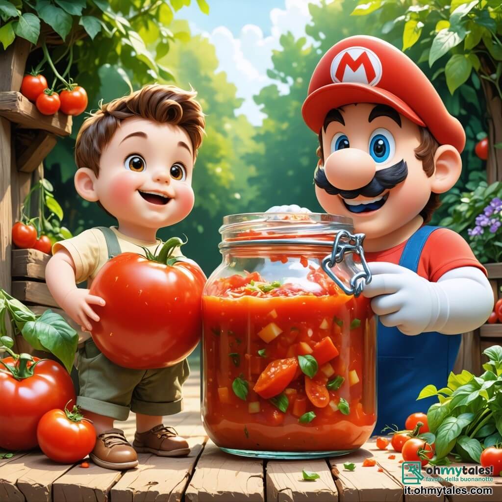 Pipo, un piccolo pomodoro rosso con una pelle lucida e occhi scintillanti, si trova al centro della scena, sorridendo con orgoglio mentre tiene un grande barattolo di salsa tra le sue piccole mani. È pieno di eccitazione e amore per il suo papà. Accanto a lui, Mario, un uomo alto con un sorriso caloroso e un grembiule da giardiniere, osserva il barattolo con occhi meravigliati, il suo volto radioso di gioia e orgoglio. Sullo sfondo, la saggia Nonna Melinda, una bella mela rossa con foglie verdi, sorride dolcemente, seduta su una sedia di legno, guardando la scena con tenerezza. Il luogo è un giardino incantevole, pieno di fiori colorati, verdure fresche e alberi da frutto, sotto un cielo blu chiaro punteggiato di nuvole bianche e soffici. La situazione principale mostra Pipo che offre orgogliosamente il suo regalo a Mario per la festa del papà, circondato dai suoi amici frutti e verdure, tutti celebrando insieme con sorrisi e risate, creando un'atmosfera gioiosa e festosa.