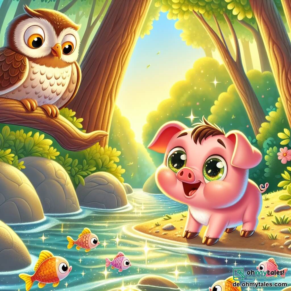 Ein kleines rosa Schweinchen namens Pummelchen, mit großen funkelnden Augen und einem fröhlichen Lächeln, steht am Ufer eines großen schimmernden Flusses, seine kleinen Füße im Wasser, und schaut begeistert den bunten Fischen beim Schwimmen zu. In der Nähe sitzt eine weise alte Eule mit braunen Federn und runden Augen auf einem Ast und beobachtet Pummelchen wohlwollend. Die Szenerie ist ein grüner Wald, durchflutet von goldenem Licht, mit großen Bäumen und glänzenden Blättern sowie bunten Blumen am Wegesrand. Pummelchen, voller Aufregung, hat gerade den großen Fluss entdeckt, ein Moment der Freude und des Staunens, bereit, sein Abenteuer mit seinen Freunden zu teilen.