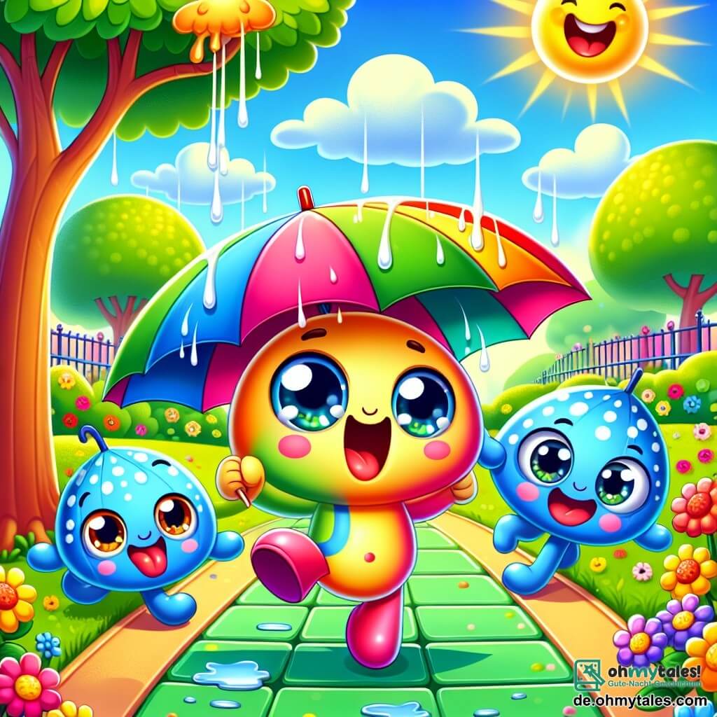 Ein kleiner Regenschirm namens Rudi, fröhlich und bunt, mit runden, glänzenden Augen, tanzt auf einem sonnigen Weg in einem Park. Neben ihm lacht ein kleiner Regenschirm namens Lily, blau mit weißen Punkten, während sie im grünen Gras springt, ihre Augen vor Glück strahlend. Ein großer gelber Regenschirm namens Maxi, mit einem enthusiastischen Ausdruck, steht auf einem Baumstamm und ist bereit, die Arme im Gleichgewicht zu schwingen. Der Park ist voller leuchtender Blumen, großer grüner Bäume und eines klaren blauen Himmels mit flauschigen weißen Wolken. Rudi und seine Freunde haben Spaß und schaffen fröhliche Erinnerungen unter der Sommersonne.