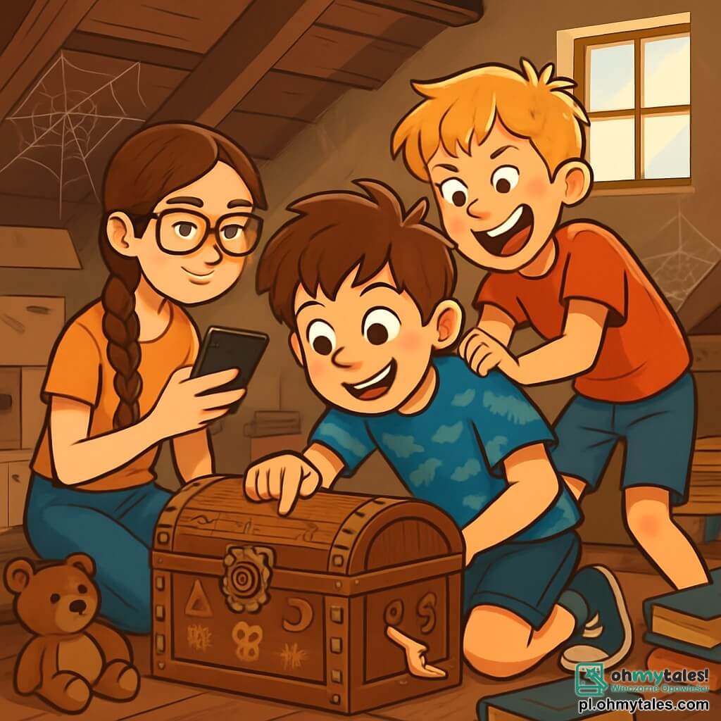 Dwunastoletni chłopiec Kacper, z rozczochranymi brązowymi włosami i błyszczącymi ciekawością oczami, kuca przed starym drewnianym kufrem. Jego twarz wyraża podekscytowanie i zdumienie, a na sobie ma niebieski t-shirt z motywem dinozaurów i dżinsowe szorty. Obok niego stoi jego siostra Maja, czternastoletnia, z długimi plecionymi brązowymi włosami i okularami na nosie, obserwując z kpiącym uśmiechem, trzymając w jednej ręce smartfona. Trochę dalej ich brat Michał, dziesięcioletni, z rozczochranymi blond włosami i figlarnym uśmiechem, próbuje popchnąć Kacpra, aby być pierwszym, który otworzy kuferek. Scena rozgrywa się w starym, zakurzonym strychu, pełnym pajęczyn i stosów kartonów, z promieniami światła wpadającymi przez małe okno. Wokół nich porozrzucane są stare zabawki i zapomniane książki, tworząc tajemniczą i magiczną atmosferę. Kacper, zaintrygowany, pochyla się nad kufrem ozdobionym dziwnymi rysunkami, podczas gdy troje dzieci dyskutuje, który przycisk wcisnąć, aby go otworzyć, każdy wyrażając swoje podekscytowanie i ciekawość tej niespodziewanej przygody.