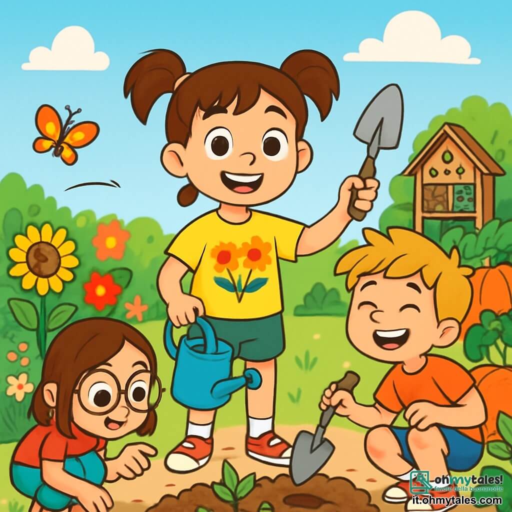 Una ragazza di 8 anni, Sofia, con capelli castani raccolti in due codini, sorridente e piena di entusiasmo, si trova al centro, tenendo un piccolo annaffiatoio blu. Indossa una maglietta gialla con girasoli e pantaloni corti verdi, i suoi occhi brillano di gioia. Accanto a lei, Marco, un ragazzo di 8 anni con capelli biondi spettinati e ginocchia sbucciate, ride mentre tiene una pala, mentre Giulia, una ragazza di 8 anni con occhiali rotondi e capelli castani, osserva un lombrico con curiosità, accovacciata vicino a un piccolo pezzo di terra. Il luogo è un giardino comunitario vibrante di colori, con fiori brillanti, ortaggi verdi e un cielo azzurro chiaro punteggiato di nuvole bianche. Strumenti da giardinaggio sono sparsi attorno a loro, e una piccola casetta per insetti si erge sullo sfondo. La scena principale mostra Sofia e i suoi amici mentre piantano semi di girasole nella terra, circondati da risate ed eccitazione, mentre una farfalla colorata vola intorno a loro, aggiungendo un tocco magico a questa gioiosa scena estiva.