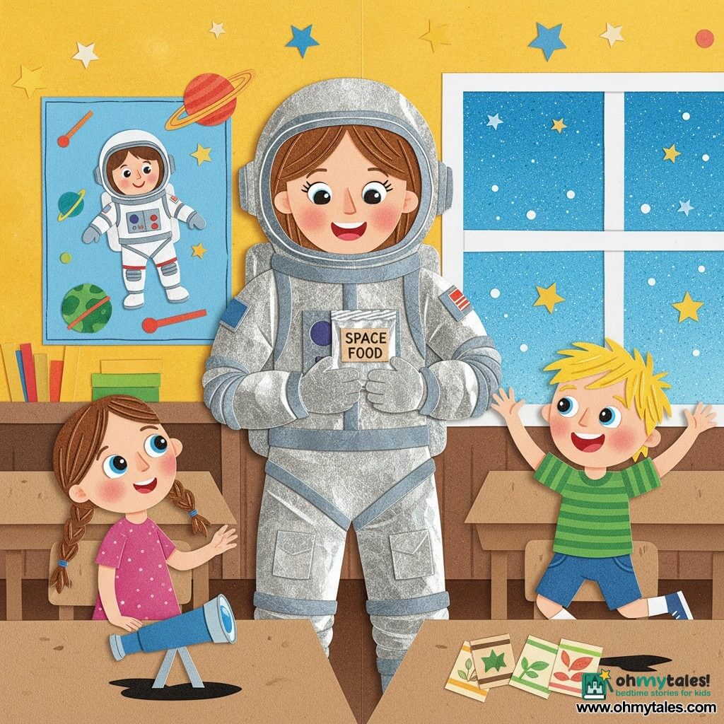 Miss Stella, a smiling, amazed astronaut in a shiny silver spacesuit made of layered textured paper, shows a small packet of "space food" to children in a colorful classroom where Mia, about 6 with brown pigtails, watches in wonder at the front left and Sam, about 6 with tousled blond hair, jumps excitedly at the right; the room has star cutouts on the walls, a large astronaut poster, kraft-paper tables, a pointillist blue sky visible through a window, and a foreground table with a small blue cardboard telescope and seed packets, all depicted with simple cut shapes, layered textured papers, bright contrasting colors and thin black paper-style outlines.