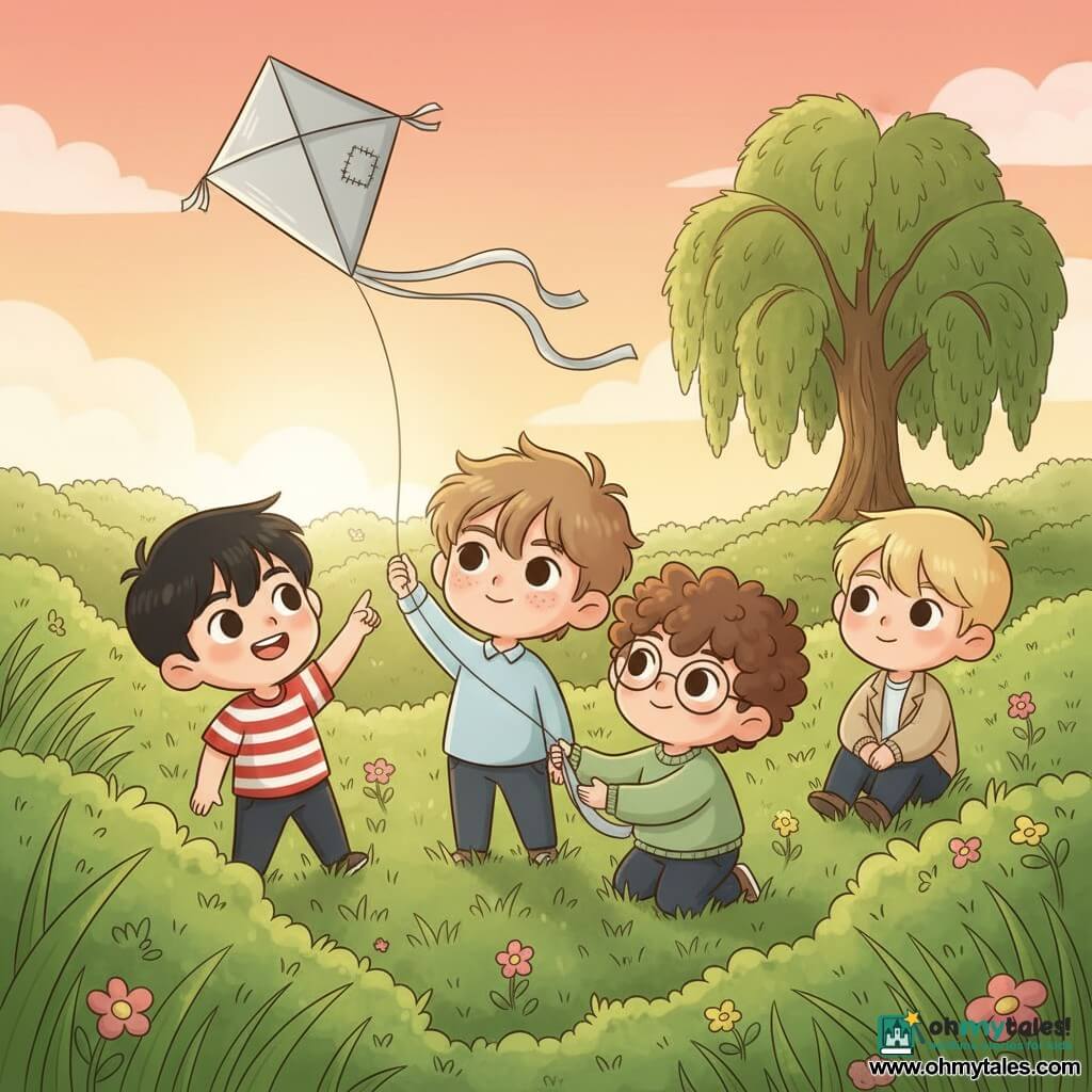 Four boys about 10 years old stand together in a sunlit meadow at sunset: Eliot, center, light chestnut messy hair and freckles, pale blue shirt, gently holding a silver kite repaired with visible stitches and looking at the sky; Milo, left of Eliot, short black hair, mischievous smile, red-and-white striped T-shirt, laughing and pointing at the kite; Sami, right of Eliot, curly brown hair, round glasses, soft green sweater, kneeling and touching the kite’s tail as if admiring it; Tom, slightly back to the right, blond hair, calm expression, beige jacket, sitting on the grass watching attentively. Tall tussocky grass with pink and yellow wildflowers, a weeping willow in the background, an orange-pink gradient sky with soft clouds and a breeze bending the grass; the repaired silver kite with visible seams and a small silvery scar drifts above them, bathing the scene in warm golden light and a mood of pride, friendship, and quiet resilience.