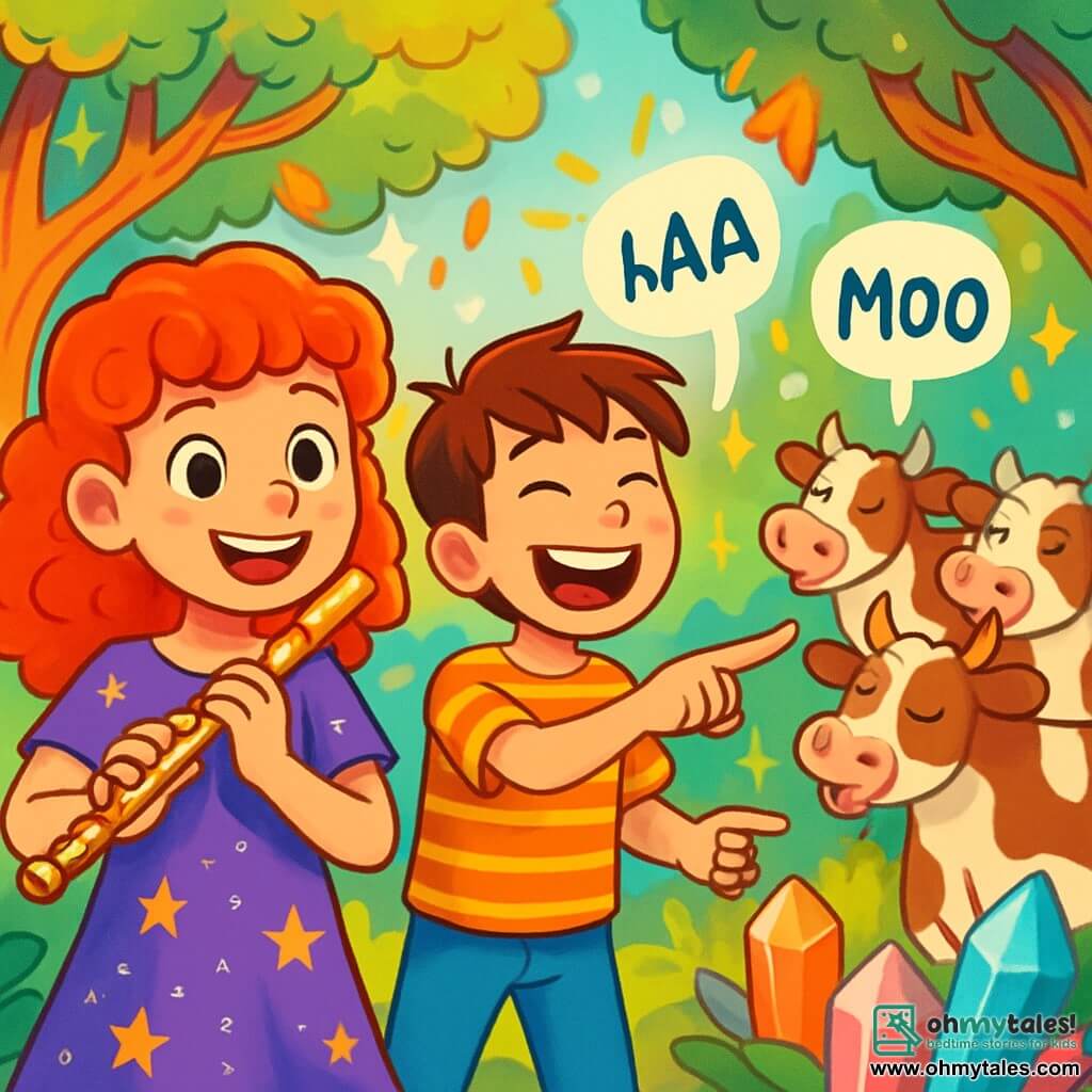 A 10-year-old girl, Poppy, with curly red hair, wears a purple dress adorned with sparkling stars. She has a radiant smile and sparkling eyes of excitement, holding a golden flute in her hands. Next to her is her friend Oliver, a 10-year-old boy with messy brown hair and a striped t-shirt, joyfully laughing while pointing at a group of cows that seem to be singing in harmony. The setting is an enchanted clearing surrounded by twisted trees with colorful leaves, where shining crystals sparkle in the sunlight. Flecks of light dance around them, creating a magical and joyful atmosphere. The main scene shows Poppy and Oliver playing the flute, surrounded by cows making melodic "moo" sounds, while laughter resonates in the air, illustrating the playful and fantastic spirit of their adventure.