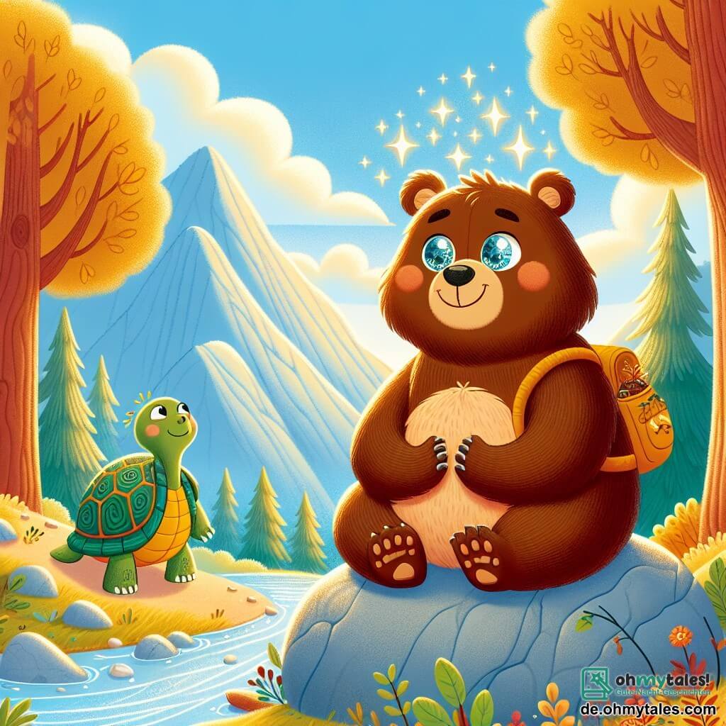 Bruno, ein kleiner brauner Bär mit funkelnden Augen und einem fröhlichen Lächeln, sitzt auf einem großen Felsen, die Augen geschlossen, und hört den sanften Klängen der Natur um ihn herum zu. Sein Fell ist weich und zerzaust, und er hat einen kleinen Rucksack voller Honig neben sich. In der Nähe bewegt sich Tilly, eine weise grüne Schildkröte mit einem bunten Panzer, langsam den Weg entlang, mit einem friedlichen Ausdruck im Gesicht. Sie schaut Bruno wohlwollend an, als würde sie ihm Unterstützung anbieten. Die Kulisse ist eine wunderschöne Berglandschaft mit majestätischen Bäumen mit goldenen Blättern, einem klarblauen Himmel, der mit flauschigen weißen Wolken gesprenkelt ist, und einem glitzernden Bächlein, das durch das Tal schlängelt. Die Hauptsituation zeigt Bruno, der meditiert und erkennt, dass das wahre „Licht“, das er sucht, in ihm selbst liegt, umgeben von der Schönheit der Natur und der Weisheit seiner Freunde.