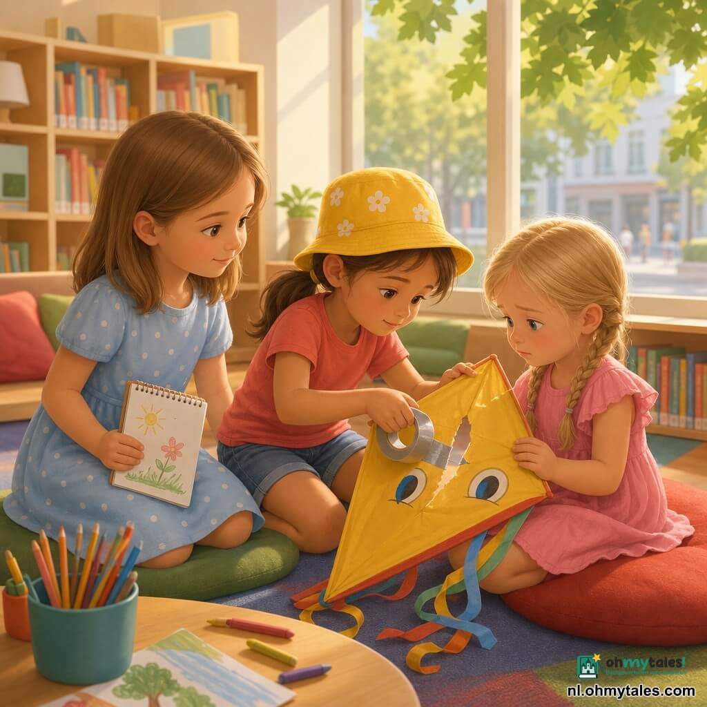 Drie meisjes: Linde, 6 jaar, schouderlang lichtbruin haar, lichtblauwe jurk met fijne witte stippen, links, houdt een schetsboek en kijkt geruststellend; Noor, 6 jaar, bruine paardenstaart, gele bloemenhoed, koraal T-shirt en spijkerbroekshort, midden, buigt voorover en plakt zilverkleurig plakband op de scheur van een vlieger; een meisje van 4 jaar rechts, blonde gevlochten haren, roze jurk met volants, zit op een kussen en houdt een gescheurde vlieger met getekende ogen, bedroefd maar nieuwsgierig kijkend. Locatie: lichte mediatheek met grote ramen, crèmekleurige muren, lage licht houten boekenplanken, kleurrijk kleed met rode en groene kussens, ronde tafel met wat kleurpotloden, zomerse straat en eikenbladeren buiten. Sfeer: warme, intieme scène met zachte gebaren, tedere reparatie van de vlieger, warme kleuren en zachte materialen.
