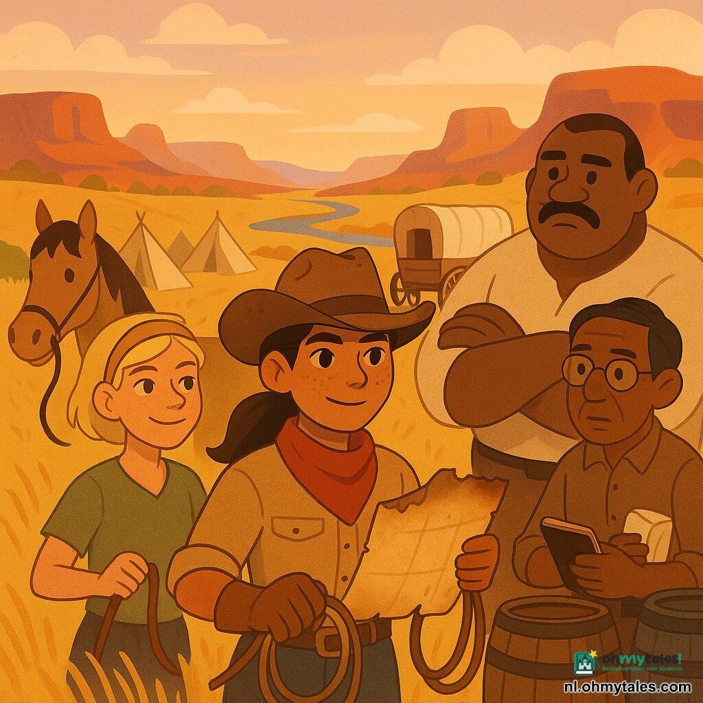 Het hoofdpersonage is een vrouwelijke cowgirl met vastberaden warme blik, gebruind gezicht, sproeten en bruine paardenstaart onder een versleten vilten hoed; ze staat op de voorgrond met een licht verschroeide opgerolde kaart in de ene hand en een lasso in de andere, leidend en beschermend voor de groep. Links staat Lila, een tiener amazone met korte blonde haren en een zelfverzekerde glimlach, die de teugels van haar paard vasthoudt en naar de horizon kijkt. Rechts staat Hank, breed en komisch met een gevlekte snor en armen over elkaar, beschermend en bezorgd bij watervaten. Verderop staat Doc, een oudere man met gerimpeld gezicht en bril, met een notitieboek en verband, peinzend bij een houten caravan. De scène speelt in een door de zon verschroeide prairievallei met golvend geel gras, enkele rode rotsen, een kronkelende rivier en een rij tenten; de compositie is dynamisch en samengebracht rond de cowgirl, sfeer van gespannen hoop, warme kleuren (oker, rood, lichtblauw) en texturen van verschroeid papier, leer en hout.