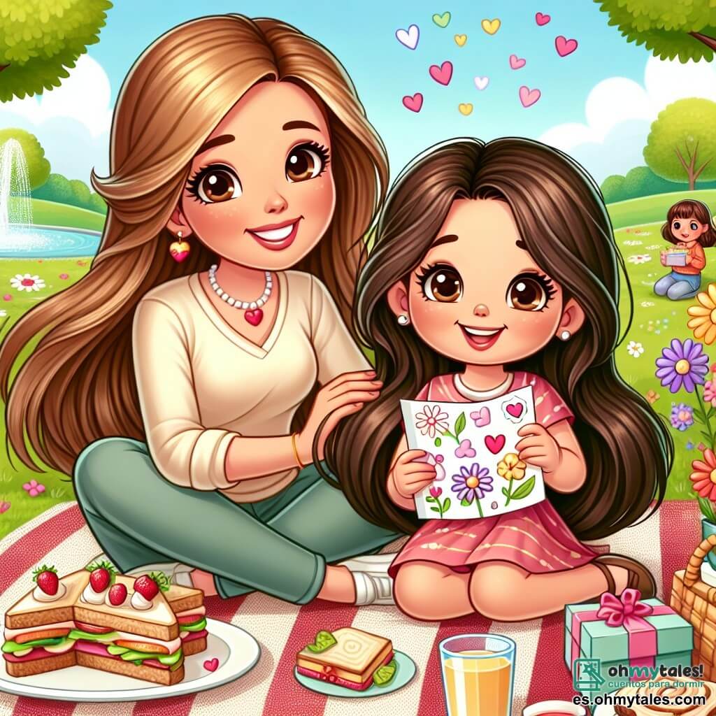Una niña de 6 años, llamada Sofía, con largos cabellos castaños y ojos brillantes de alegría, está sentada sobre una manta de picnic con motivos rojos y blancos. Sonríe ampliamente, sosteniendo una tarjeta colorida llena de dibujos de flores y corazones. A su lado, su mamá, una mujer de unos 30 años con cabello castaño y una sonrisa cálida, mira a su hija con ojos llenos de amor. Está sentada con las piernas cruzadas, rodeada de deliciosos bocadillos como sándwiches y pasteles, y sostiene otra tarjeta que Sofía le ha hecho. El lugar es un parque verde, iluminado por una luz dorada, con árboles majestuosos y flores de colores que bailan suavemente al viento. En la distancia, se puede ver una fuente brillante y niños jugando en la hierba. La escena principal muestra a Sofía y su mamá compartiendo un momento tierno durante un picnic sorpresa por el Día de la Madre, con risas y gestos afectuosos, simbolizando el amor y la complicidad entre ellas.