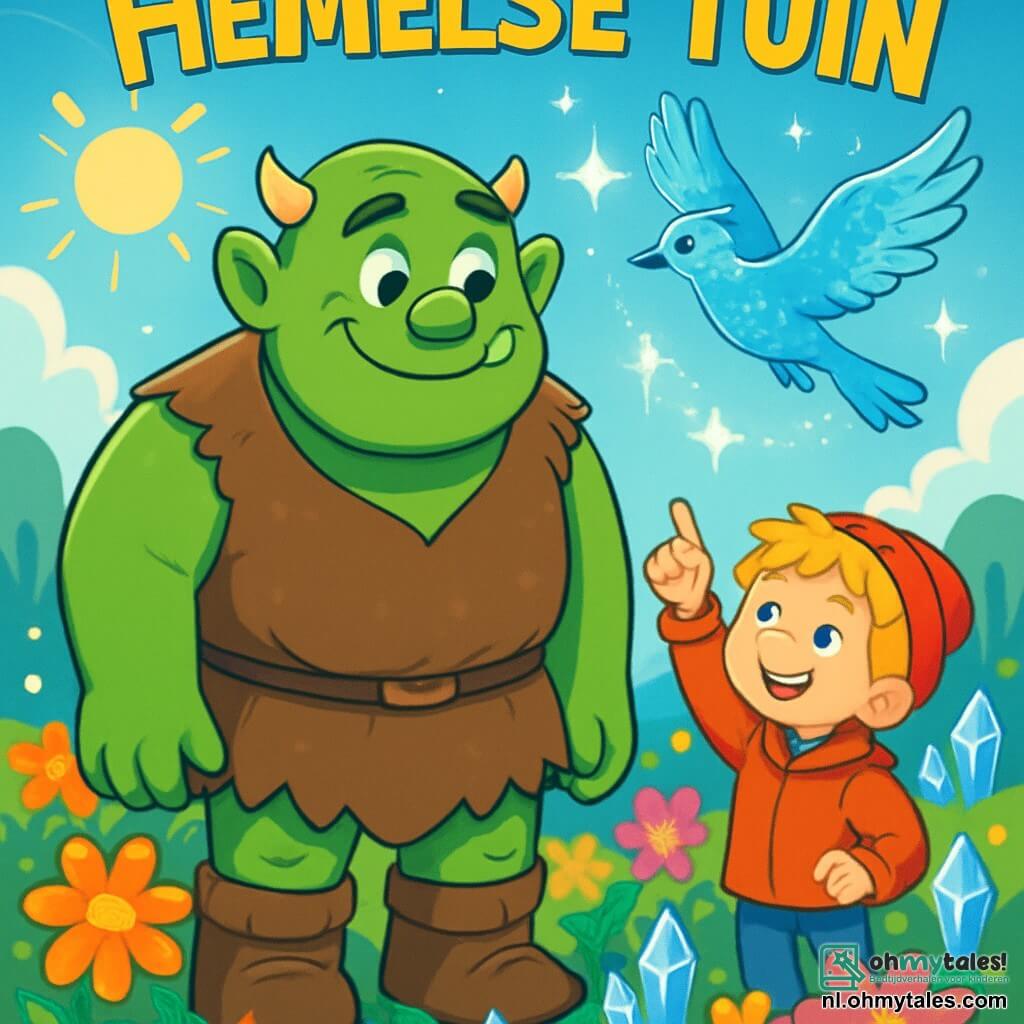 Een imposante ogre met smaragdgroene huid, zachte ronde ogen en een brede vriendelijke glimlach staat in het midden van de scène, omringd door schitterende bloemen. Hij draagt een dierenhuid tuniek en versleten leren laarzen en kijkt verwonderd naar een jonge jongen. De jongen, ongeveer 10 jaar oud, heeft rommelig blond haar en roze wangen. Hij draagt een felrode jas en een wollen muts, en glimlacht vrolijk terwijl hij naar de lucht wijst. De scène speelt zich af in de prachtige Hemelse Tuin, een betoverende tuin vol kleurrijke bloemen, fonkelende ijscrystals en een stralende blauwe lucht. Zonnestralen verlichten het landschap en creëren een magische en warme sfeer. De ogre en de jongen bewonderen samen de legendarische ijsvogel met glanzende veren die gracieus boven hen vliegt en vonken van licht verspreidt.